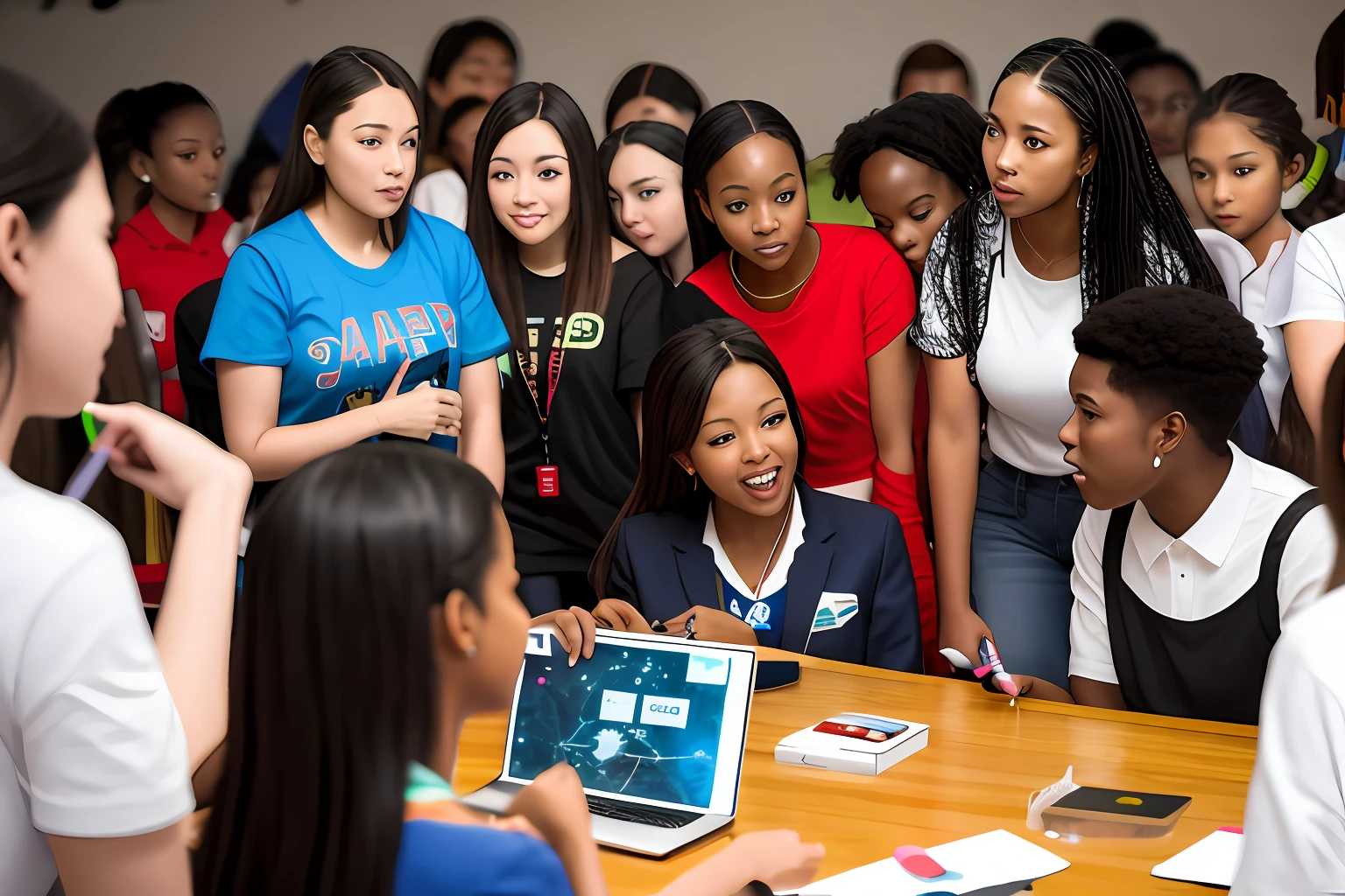 A picture of Mae Jemison speaking to a group of young people about the importance of STEM education.
