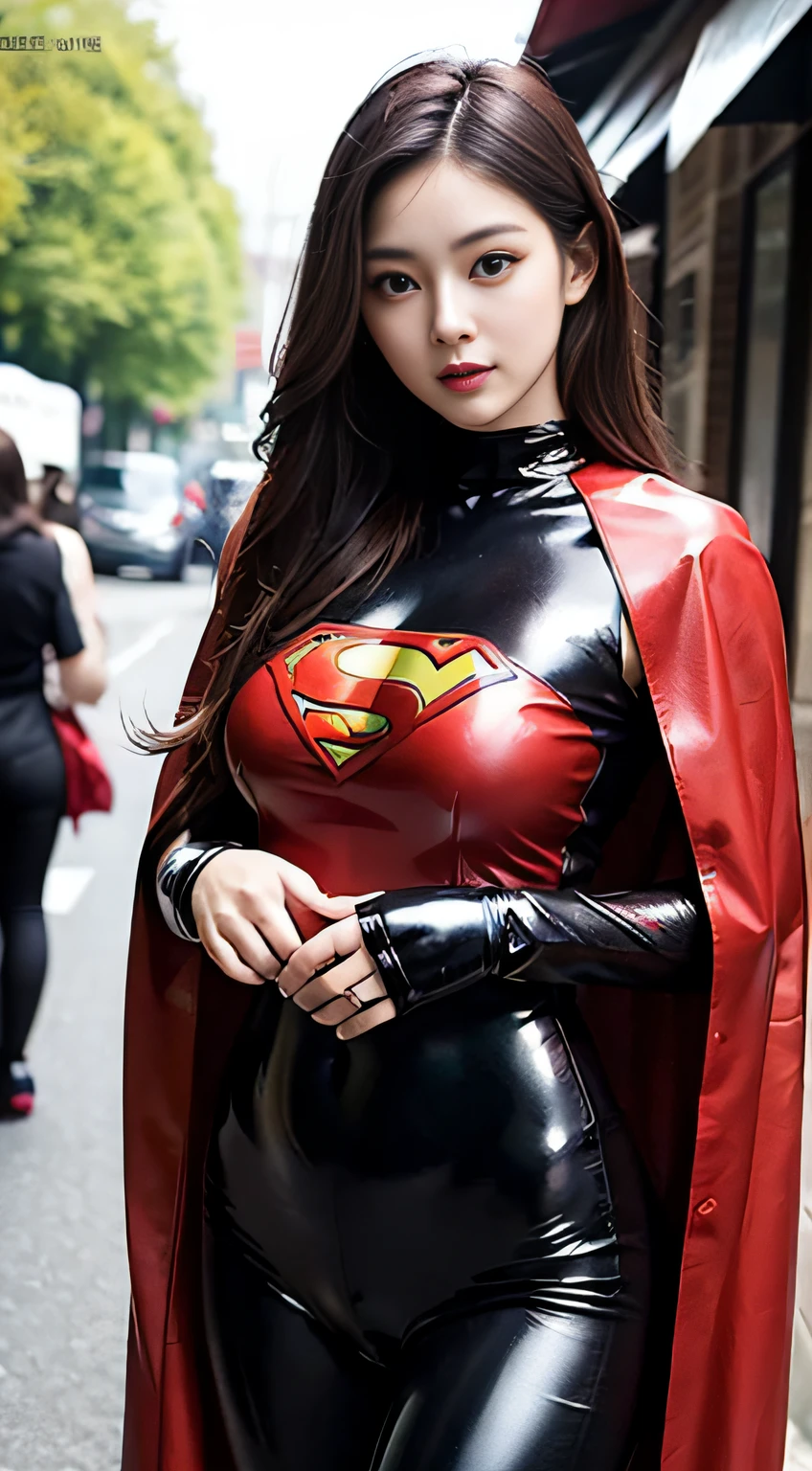 8k resolution, exquisite facial features, perfect face, superman, superhero, star symbol on the chest, cloak on the back, lines on the forehead, a female figure, a beautiful lady, shiny skin, high detail, higher quality, Bishōjo, long golden hair, tight leather clothes, (latex bodysuit), (big breakthroughs)), gym, delicate face, {{illustration}}, {extremely delicate and beautiful}, {exquisite makeup}, {{Girls in red Skin-tight garment}}, super meticulous, (black and red stripes on the clothes), delicate and luminous eyes, red leather clothes, tights, {{movie light}}, street, extreme light effect