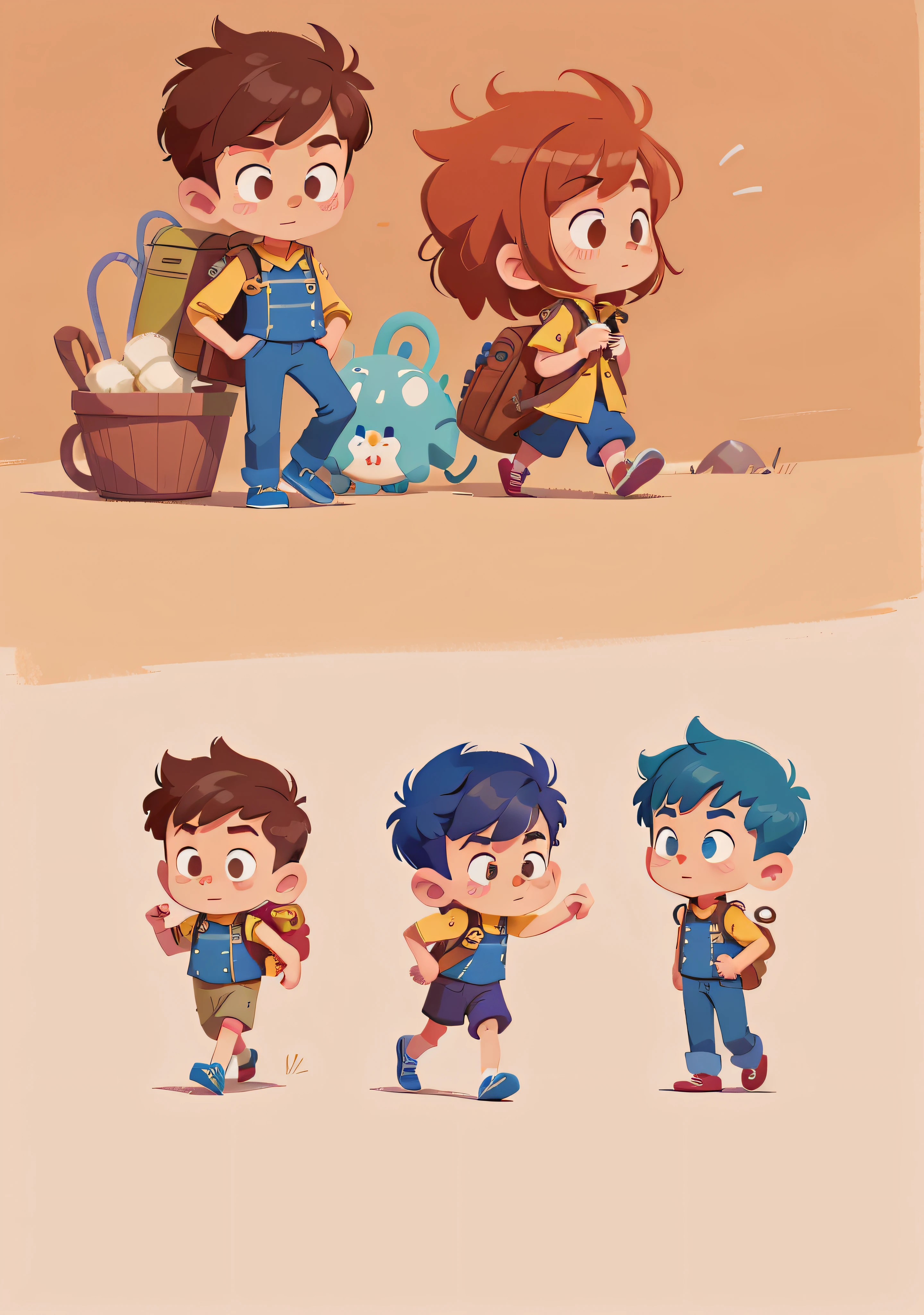 Close-up of cartoon characters in uniform, without hats, male explorer mini cute short hair boy, high quality character design, animated characters, full body characters, full body character design, character standing walking, professional character design, game character design, full body single character, 2D illustration, 2D illustration, cute character, male protagonist 👀: 8, blue uniform