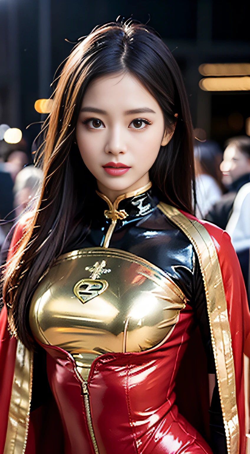 8k resolution, exquisite facial features, perfect face, superman, superhero, star symbol on the chest, cloak on the back, lines on the forehead, a female figure, a beautiful lady, shiny skin, high detail, higher quality, Bishōjo, long golden hair, tight leather clothes, (latex bodysuit), (big breakthroughs)), gym, delicate face, {{illustration}}, {extremely delicate and beautiful}, {exquisite makeup}, {{Girls in red Skin-tight garment}}, super meticulous, (black and red stripes on the clothes), delicate and luminous eyes, red leather clothes, tights, {{movie light}}, street, extreme light effect