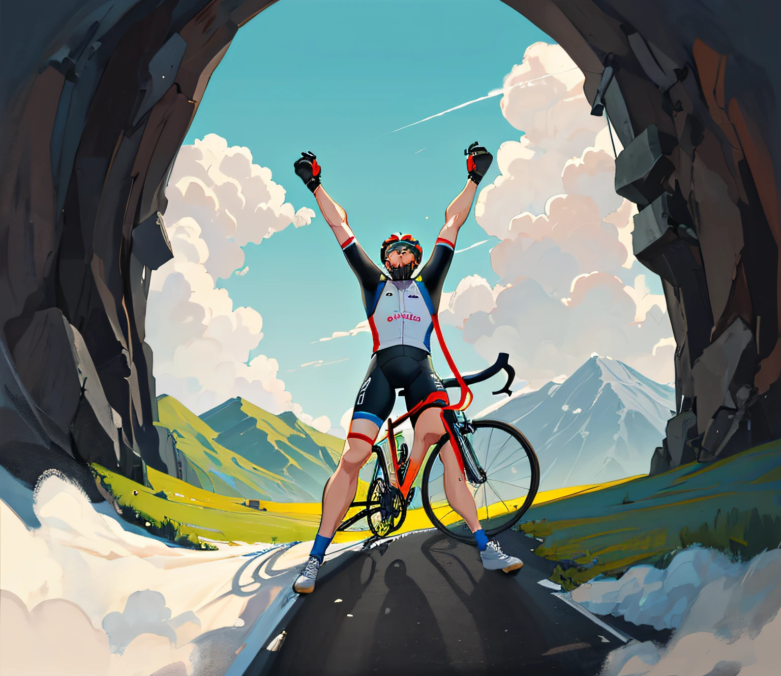 There is a man riding a bike in the mountains, sky in background, cycling, winning illustration, cycling costume, victory on the mountain, riding in the sky, poster illustration, sky background, clouds, mountains, hands up, bicycle, illustration 8K, 2D illustration, fan art, Yi Inmun, digital insertion, exciting illustration, stylized digital illustration --auto