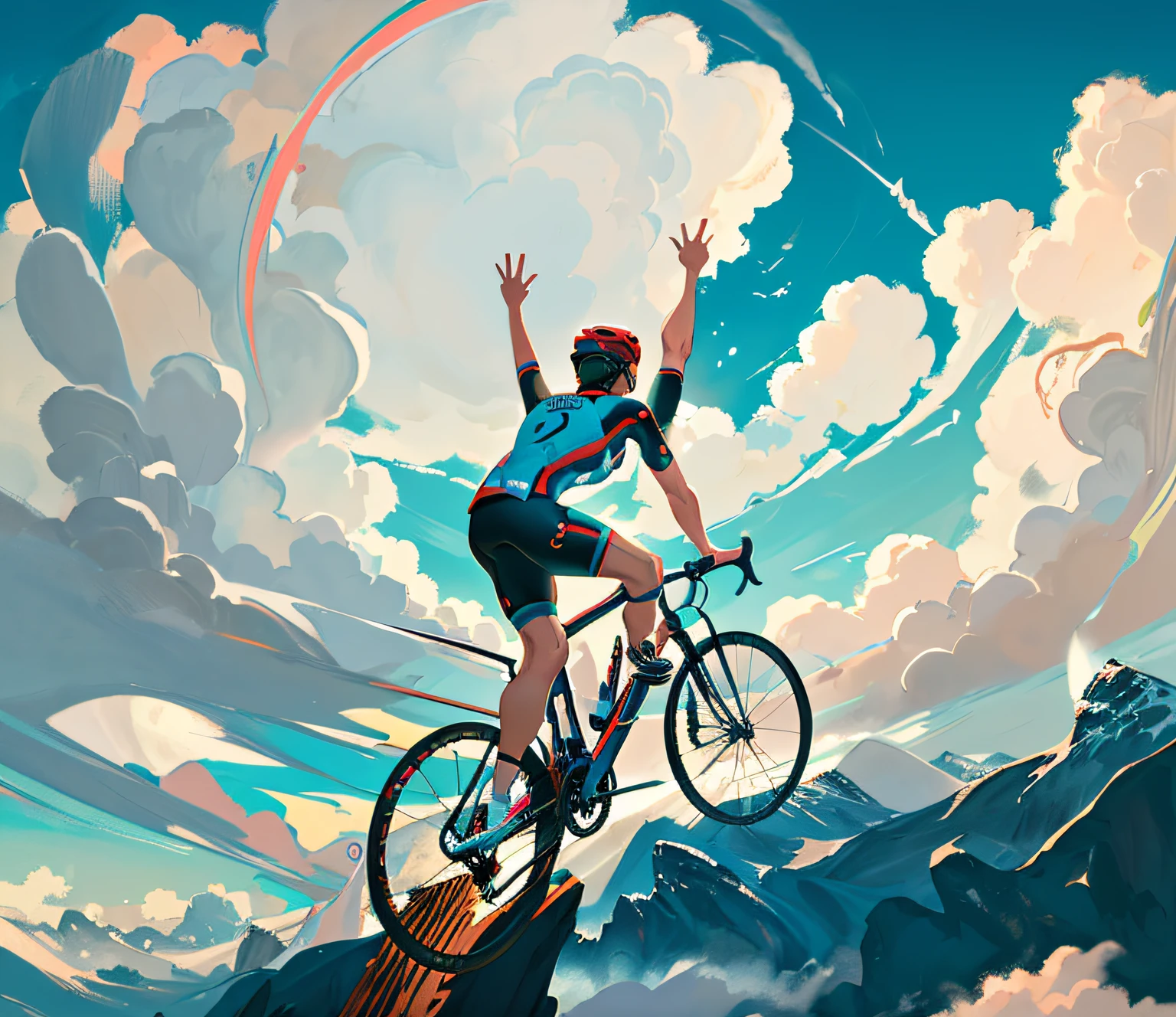 There is a man riding a bike in the mountains, sky in background, cycling, winning illustration, cycling costume, victory on the mountain, riding in the sky, poster illustration, sky background, clouds, mountains, hands up, bicycle, illustration 8K, 2D illustration, fan art, Yi Inmun, digital insertion, exciting illustration, stylized digital illustration --auto