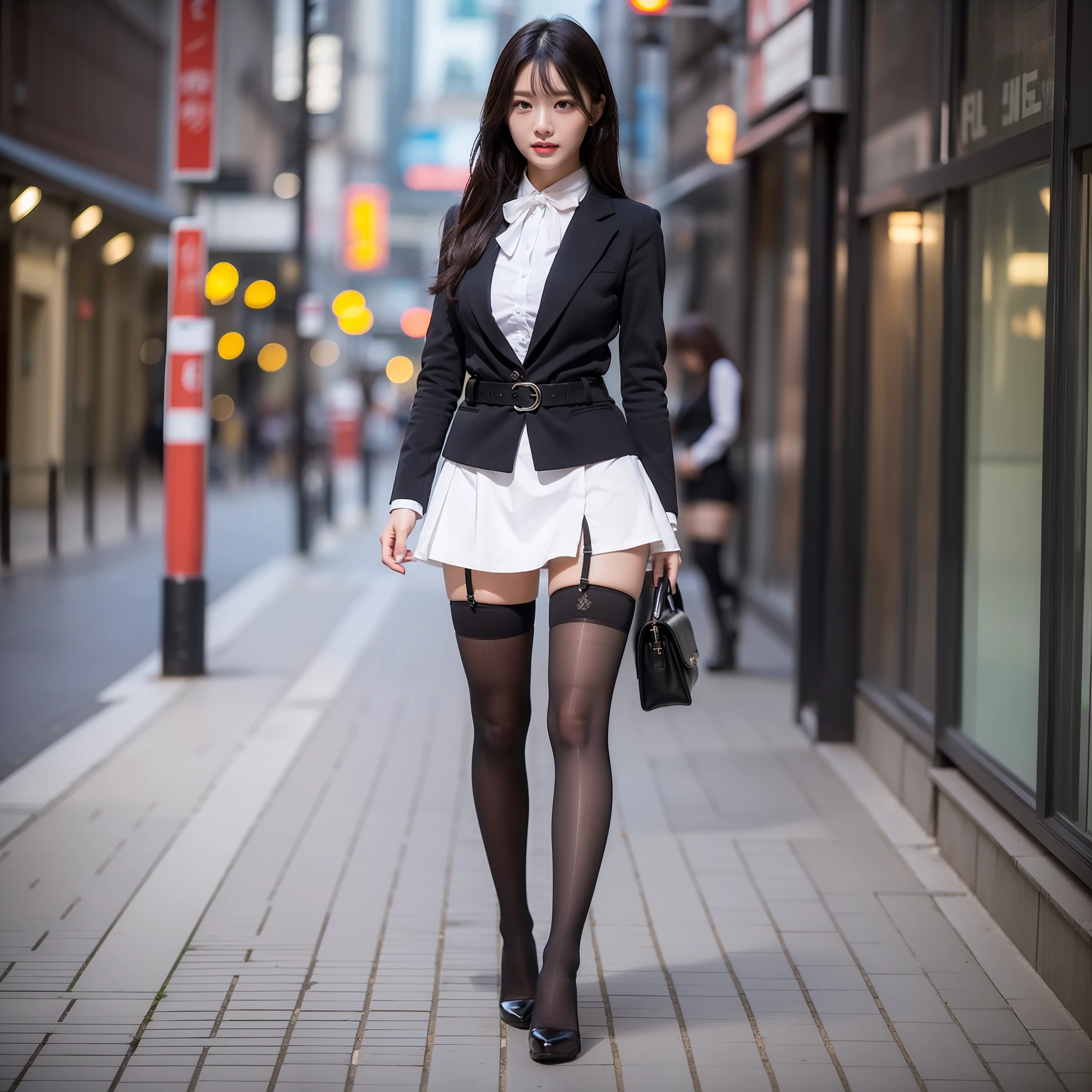 (8k, top quality, masterpiece: 1.2), (realistic, photorealistic: 1.37), highest quality, very delicate and beautiful Japan girl, beautiful girl with perfect style, black hair, super detailed, high resolution, full body shot, full body, very detailed face and skin texture, beautiful detailed eyes, face light, nose blush, (((1 girl)), realistic, beautiful, cute, bewitching, gentle face, sagging eyes, Separated eyes, long lashes, mini skirt, slit, (knee-high stockings, no strings)