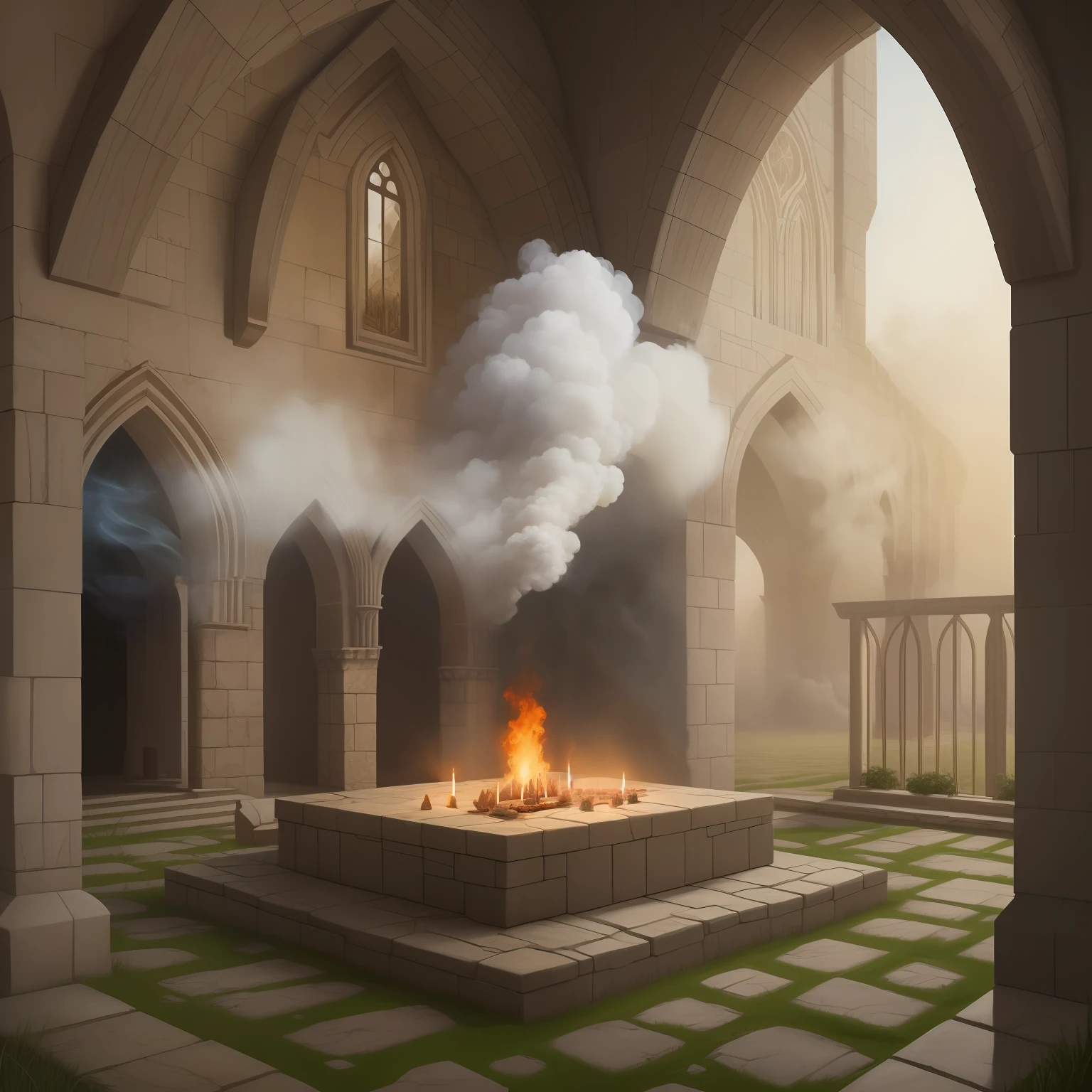 Create an Altar of Sacrifices with smoke surrounding mystical environment inside a realistic artwork castle