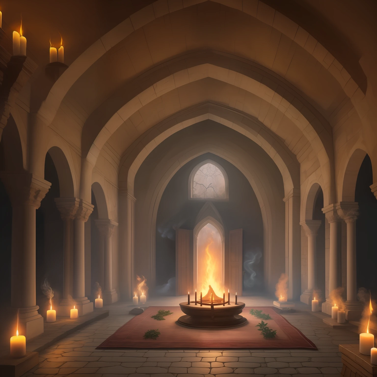 Create an Altar of Sacrifices with smoke surrounding mystical environment inside a realistic artwork castle