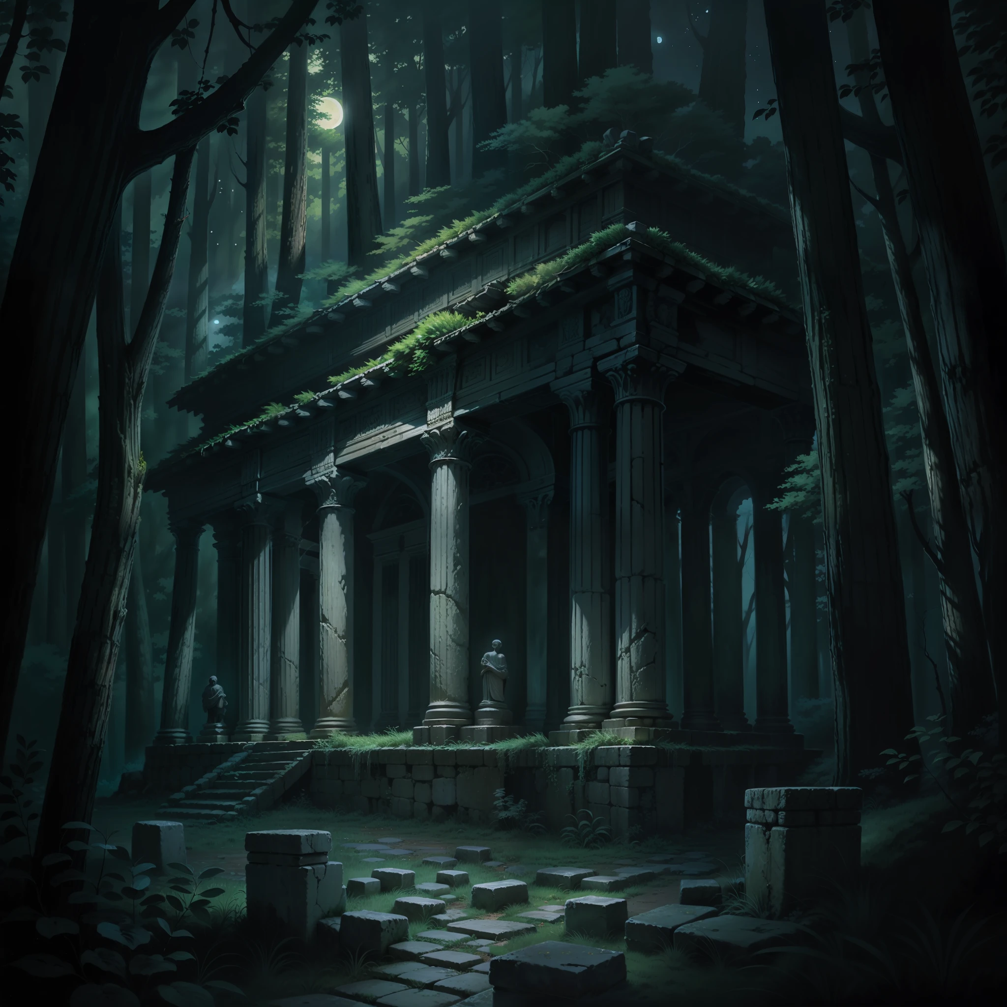 dark forest, greek architecture, ruins, night