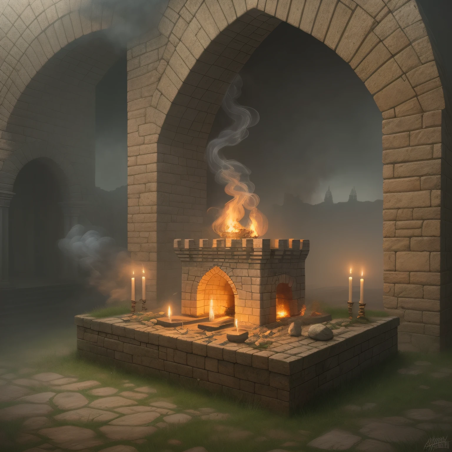 Create an Altar of Sacrifices with smoke surrounding mystical environment inside a realistic artwork castle