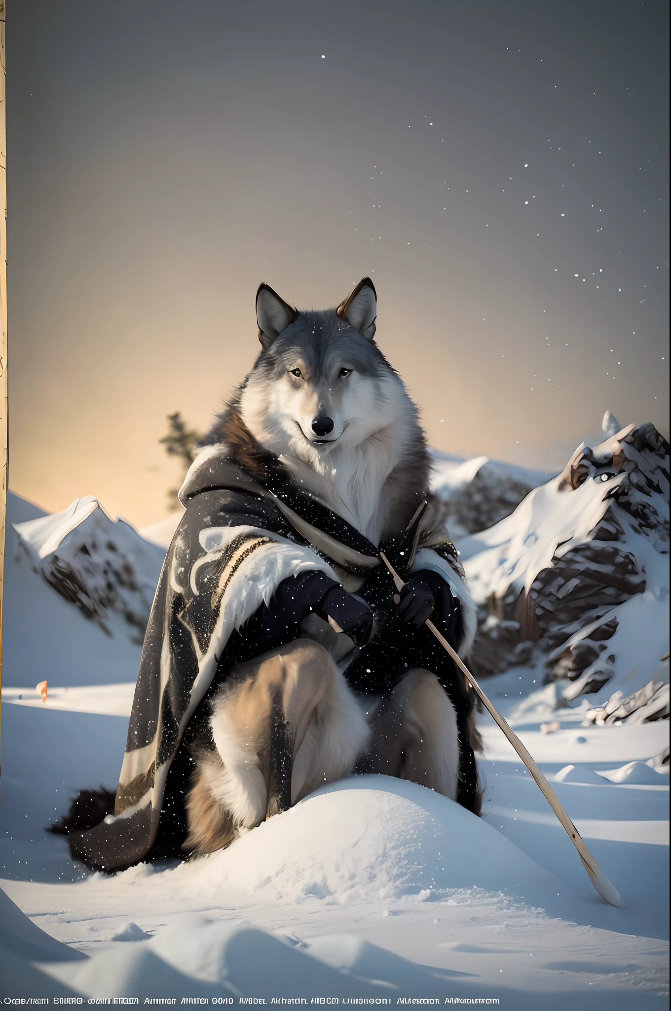 Please design an ice age ice scene, an ice age character painting full of ice and snow scenes. In the foreground of a vast glacier, a hunter wearing a fur cape appears in the center of the picture. His muscular lines are firm and powerful, and his face is resolute. Holding a spear in his right hand, he stood majestically on a snow-covered rock, seemingly observing his prey ahead. The hunter was dressed in a heavy fur outfit, and the fur was dotted with ice crystals, shining with cold light. The cloak on the back appears to be woven from snowflakes and spreads to the ground, forming soft drifts of ice and snow. The footage of the picture is shown through the hunter's perspective, with a vast glacier in the foreground, and the cold feeling of ice and snow in the air. The mountains in the distance are also covered in snow, blending in with the bright sky. At the edge of the picture, several snow-white hunting wolves can be seen, their hair is thick, their eyes are sharply staring ahead, and they seem to be waiting for their prey to appear. The whole picture is filled with the pure atmosphere of ice and snow, and the resolute demeanor of the hunter and the cold atmosphere of the environment reflect each other, showing a completely different atmosphere of primitive life and harsh environment.