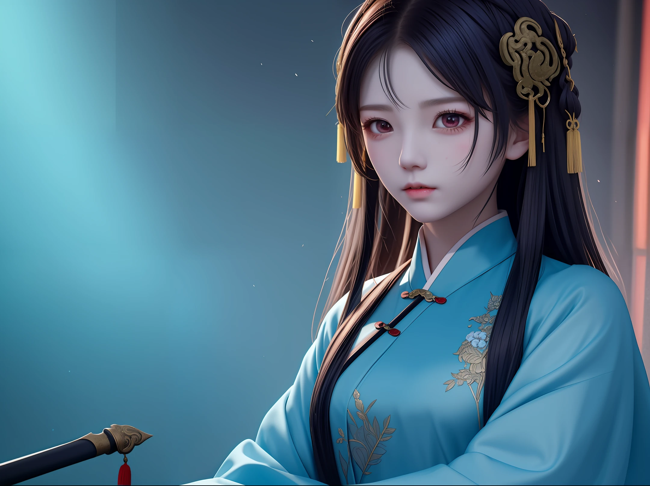A teenager,  or eight yeate facial features, ancient Chinese, dressed in blue clothes, rarely speaks, long black hair, holding a big sword, slightly murderous intent, red eyes, the environment is bleak and dark, on the battlefield, there are many corpses, the environment is gloomy, wearing cyan ancient costumes, angry