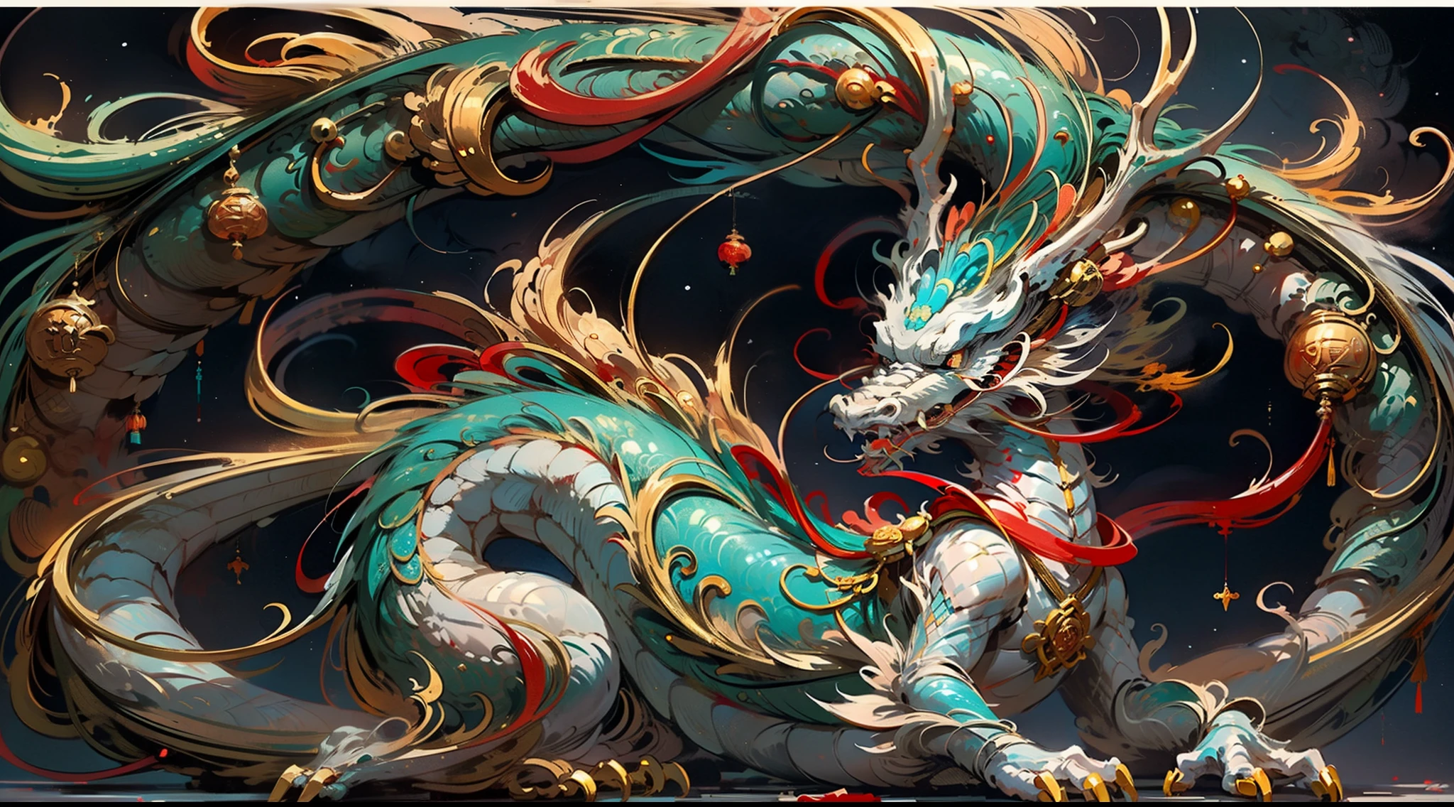 Chinese traditional dragon, auspicious rui, wisdom, color matching red and white, starry sky background, dynamic sense