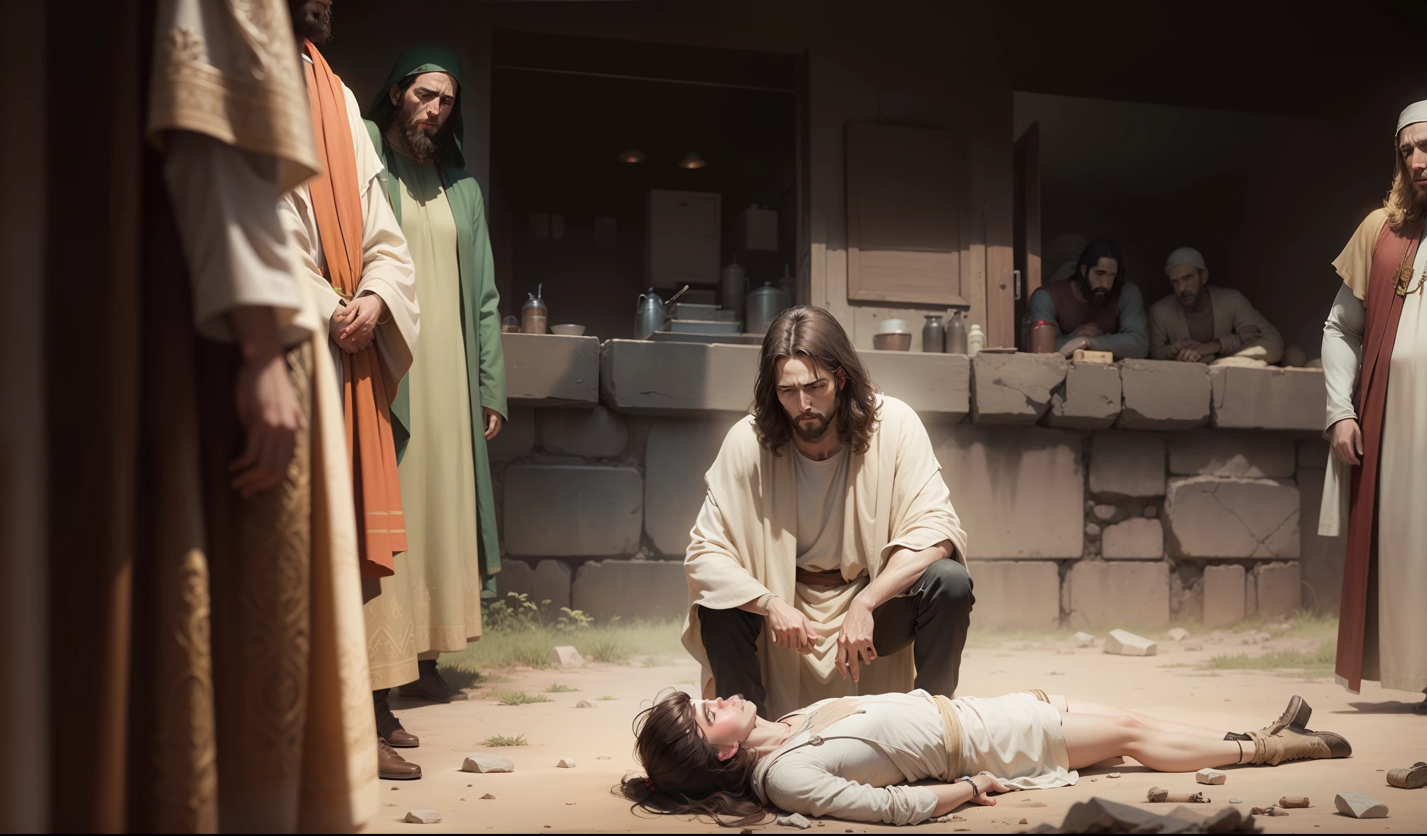 Jesus and the Paralytic, Biblical Illustration, Epic Biblical Representation, Super Realistic Image, Cinematic Lighting, Beautiful Representation, Realistic, 4K, HDR
