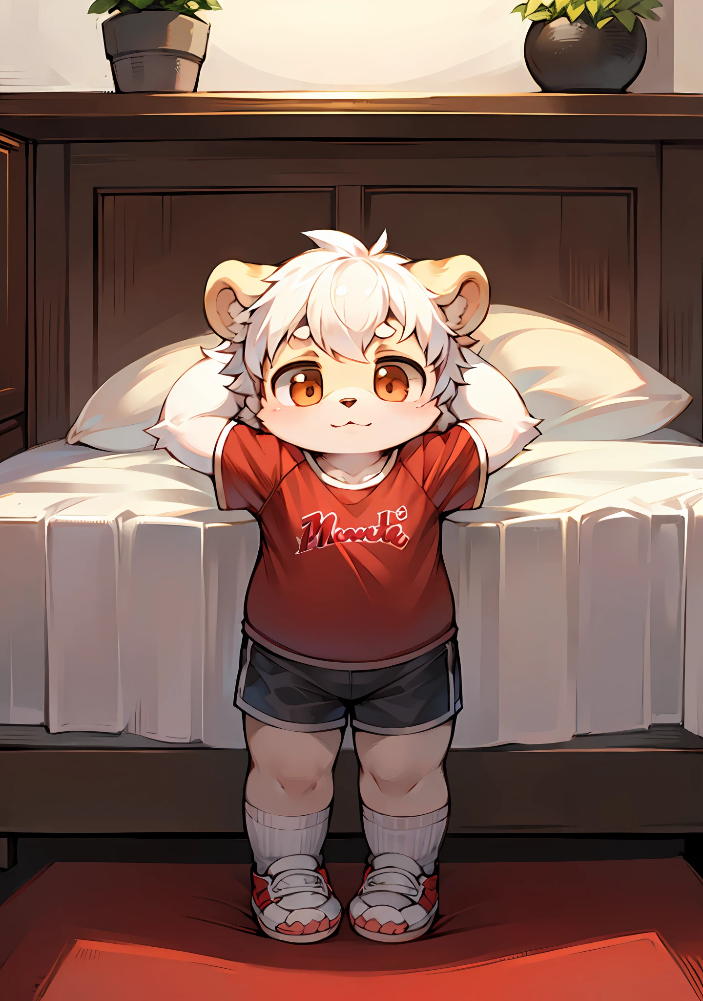 White hair, bear type, bear ears, short hair, slightly chubby, shaggy, super cute face, cub, no spots, humanoid, masterpiece, high quality portrait, red jersey, socks change, bedroom light, gray shorts, in summer, solo child boy, full shot, shoes off, white socks, bear paws