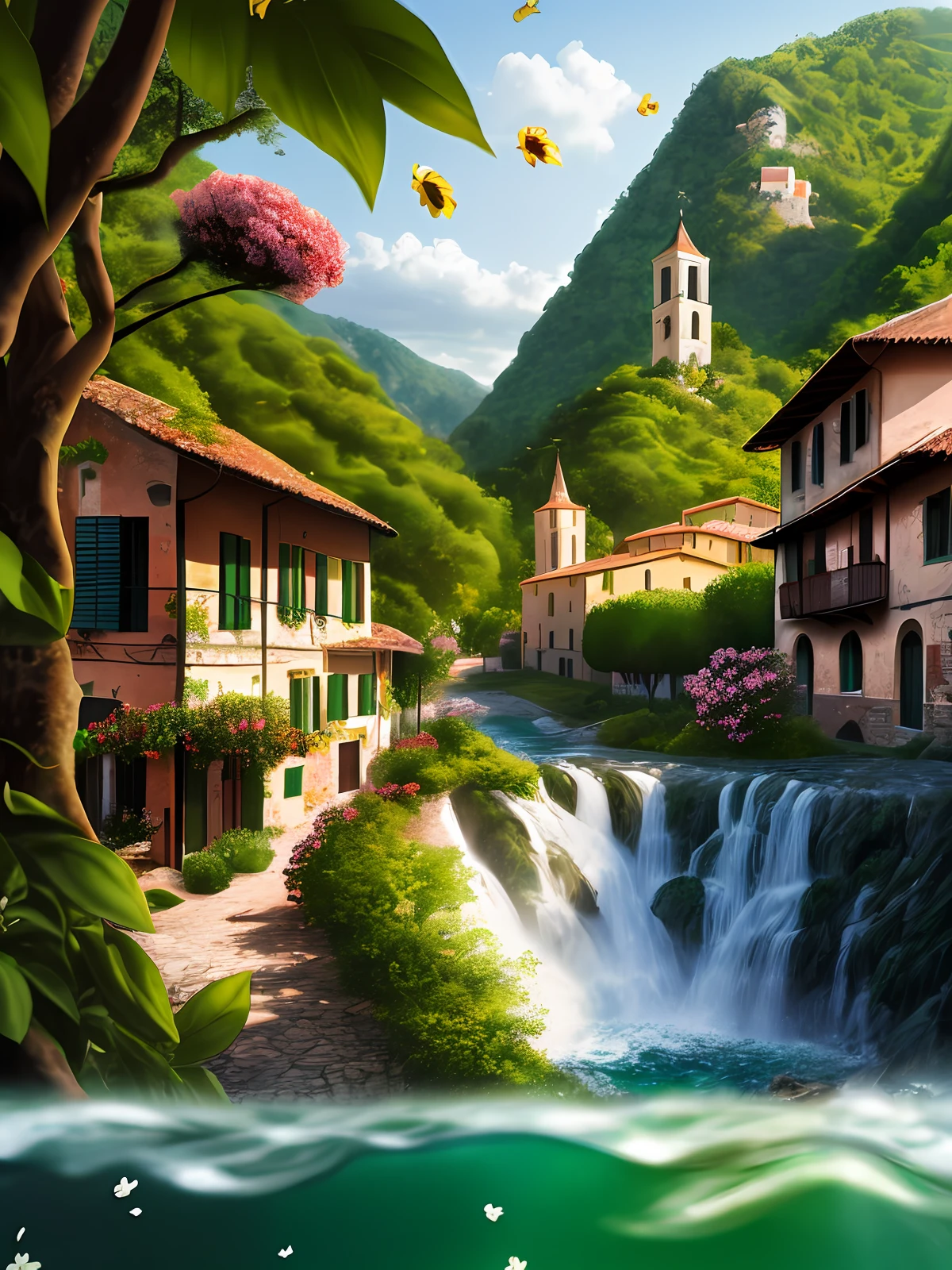 Portrait of a Italian village in a tropical forest, water fall, realistic houses, Italian shops, Italian restaurants, church, village center, pretty house, flowers, distortion, grain, dust particles, zoomed, dark themed