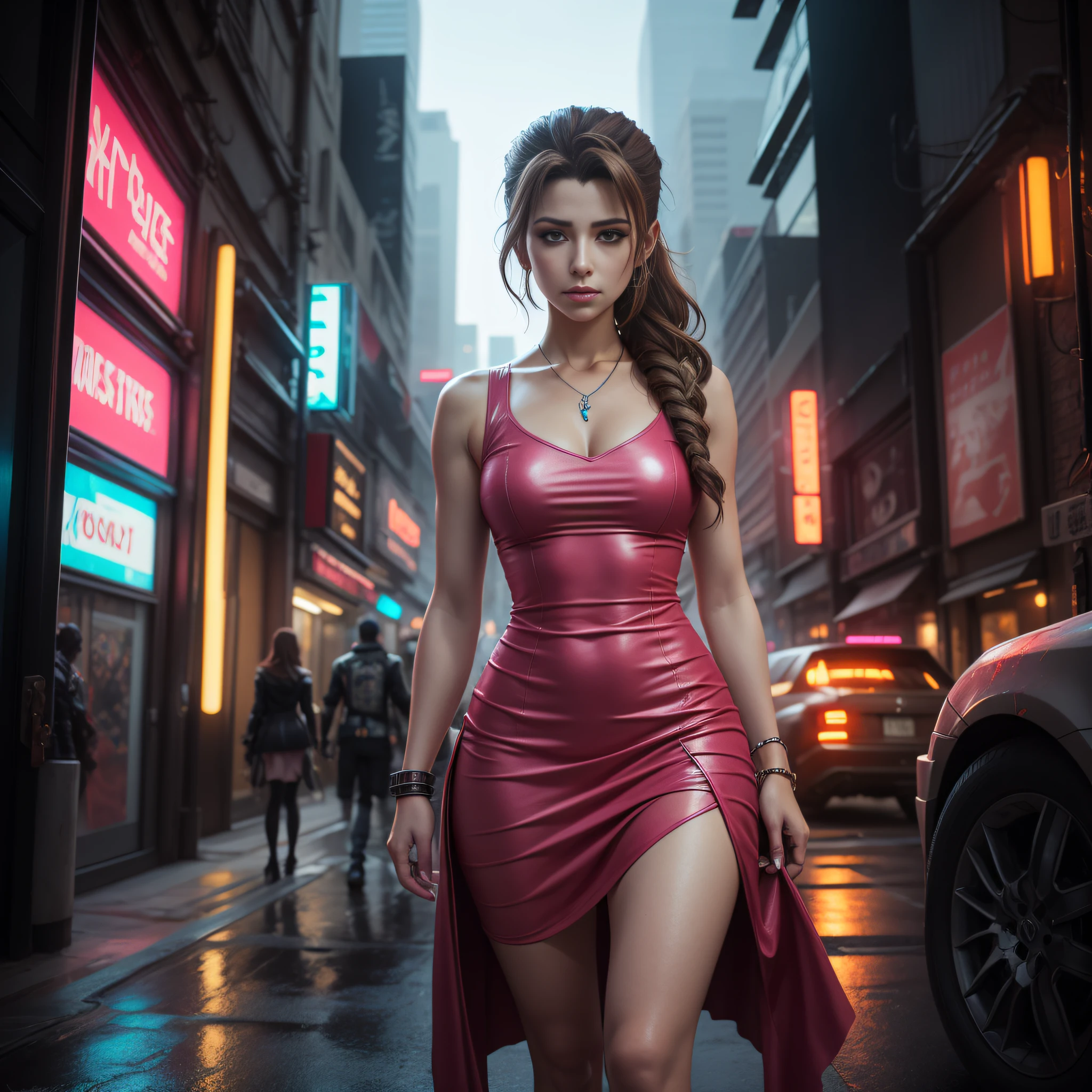 "Image Type: Fan Art.
Subject: Aerith Gainsborough, a classic character from Final Fantasy VII, reinvented in a Cyberpunk style. Dressed in a futuristic version of her signature pink dress, she is adorned with high-tech accessories glowing with neon lights. Her staff is modified into an advanced piece of tech equipment. The backdrop of Midgar's cityscape is reflected in her eyes. Aerith's innate elegance and softness contrast beautifully with the gritty and electric atmosphere of the cyberpunk world.
Art Styles: Stylized Realism, Gaming Art.
Art Inspirations: Final Fantasy Artwork, Cyberpunk aesthetics."