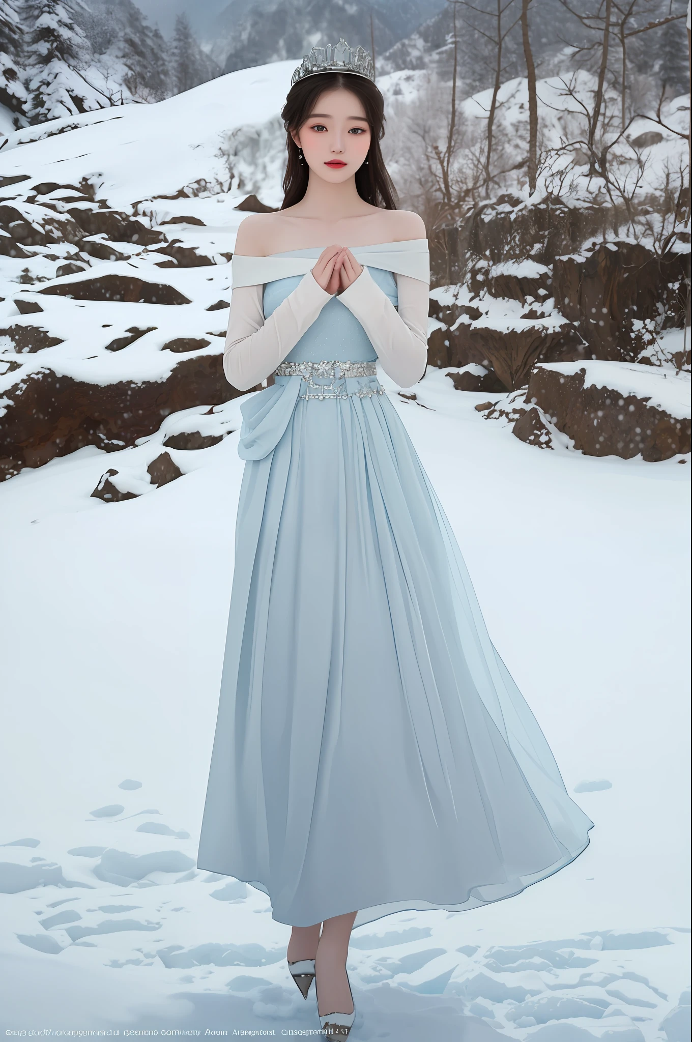 (Best Quality, High Quality, High Resolution, 8K), in the scenery of the Ice Age, a beautiful maiden comes into the picture. She wore a gorgeous long dress, the hem of the skirt was painted with gorgeous patterns, and the color of the dress showed a mixture of ice blue and pure white, which highlighted her delicate and noble. She wears a white crown, her hair draped over her shoulders, silky and fluttering in the wind. Her eyes were bright and shining, and her eyes revealed a hint of softness and clarity, as if they were a clear spring. The girl stood gracefully on a snow-white ice and snow, her posture tall and elegant. Her hands gently grasped the hem of her skirt, and her delicate little feet gently stepped on the ice and snow, as if her steps would not only not destroy this pure land, but also make it more beautiful. The whole picture highlights the delicate and noble girl who stands on ice and snow, but gives people a feeling of warmth and peace. The surrounding environment is a pure and cold snowscape, and in the distance is a towering and majestic snow-capped mountain, the peaks of which are covered with year-round ice and snow, creating a mysterious and enchanting atmosphere. This beautiful girl stands on the snowy mountain, as if she is the embodiment of the ice queen, showing people her beauty and power.