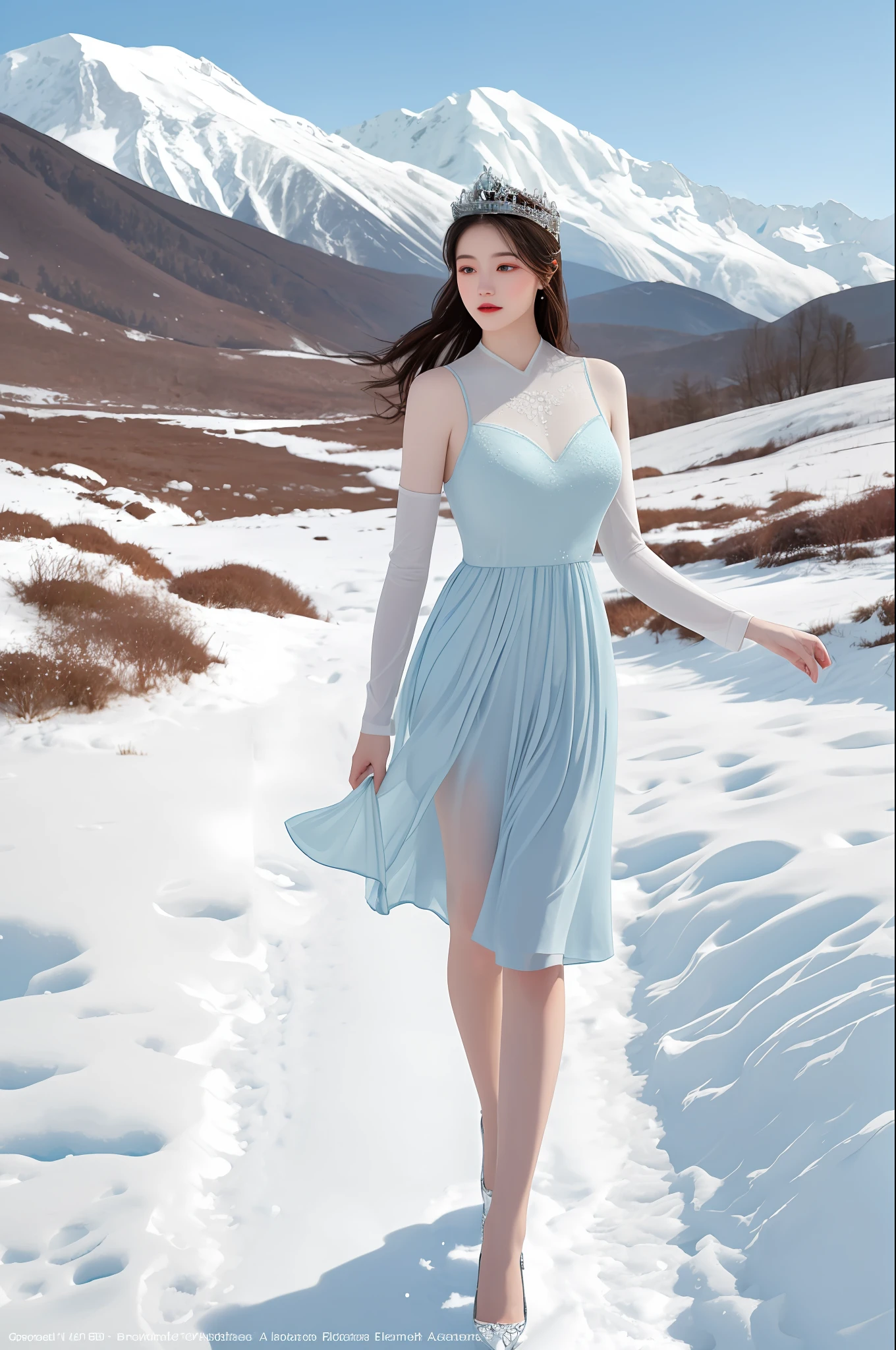 (Best Quality, High Quality, High Resolution, 8K), in the scenery of the Ice Age, a beautiful maiden comes into the picture. She wore a gorgeous long dress, the hem of the skirt was painted with gorgeous patterns, and the color of the dress showed a mixture of ice blue and pure white, which highlighted her delicate and noble. She wears a white crown, her hair draped over her shoulders, silky and fluttering in the wind. Her eyes were bright and shining, and her eyes revealed a hint of softness and clarity, as if they were a clear spring. The girl stood gracefully on a snow-white ice and snow, her posture tall and elegant. Her hands gently grasped the hem of her skirt, and her delicate little feet gently stepped on the ice and snow, as if her steps would not only not destroy this pure land, but also make it more beautiful. The whole picture highlights the delicate and noble girl who stands on ice and snow, but gives people a feeling of warmth and peace. The surrounding environment is a pure and cold snowscape, and in the distance is a towering and majestic snow-capped mountain, the peaks of which are covered with year-round ice and snow, creating a mysterious and enchanting atmosphere. This beautiful girl stands on the snowy mountain, as if she is the embodiment of the ice queen, showing people her beauty and power.