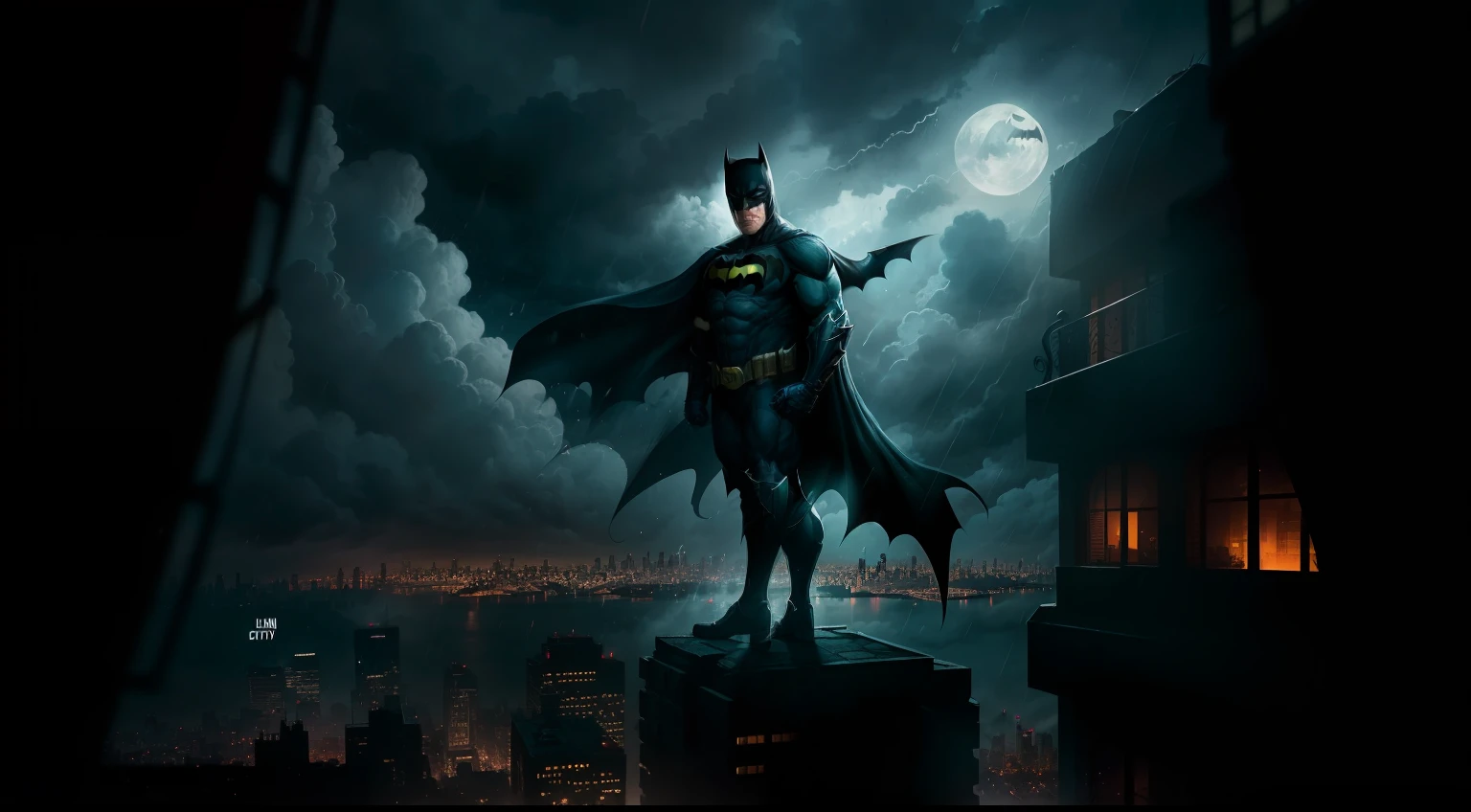 A photorealistic depiction of Batman standing on a rain-soaked rooftop, overlooking the Gotham City skyline. The brooding atmosphere is enhanced by dramatic lighting, with beams of moonlight piercing through the dark clouds, casting long shadows across the cityscape. Batman is shown in a dynamic pose, with his cape billowing in the wind, showcasing the intricate details of his armored suit. The image is captured from a low angle perspective, emphasizing Batman's towering presence and the grandeur of the city below. The camera lens used is a telephoto lens, allowing for a focused and compressed view of the scene. --ar 16:9 --auto