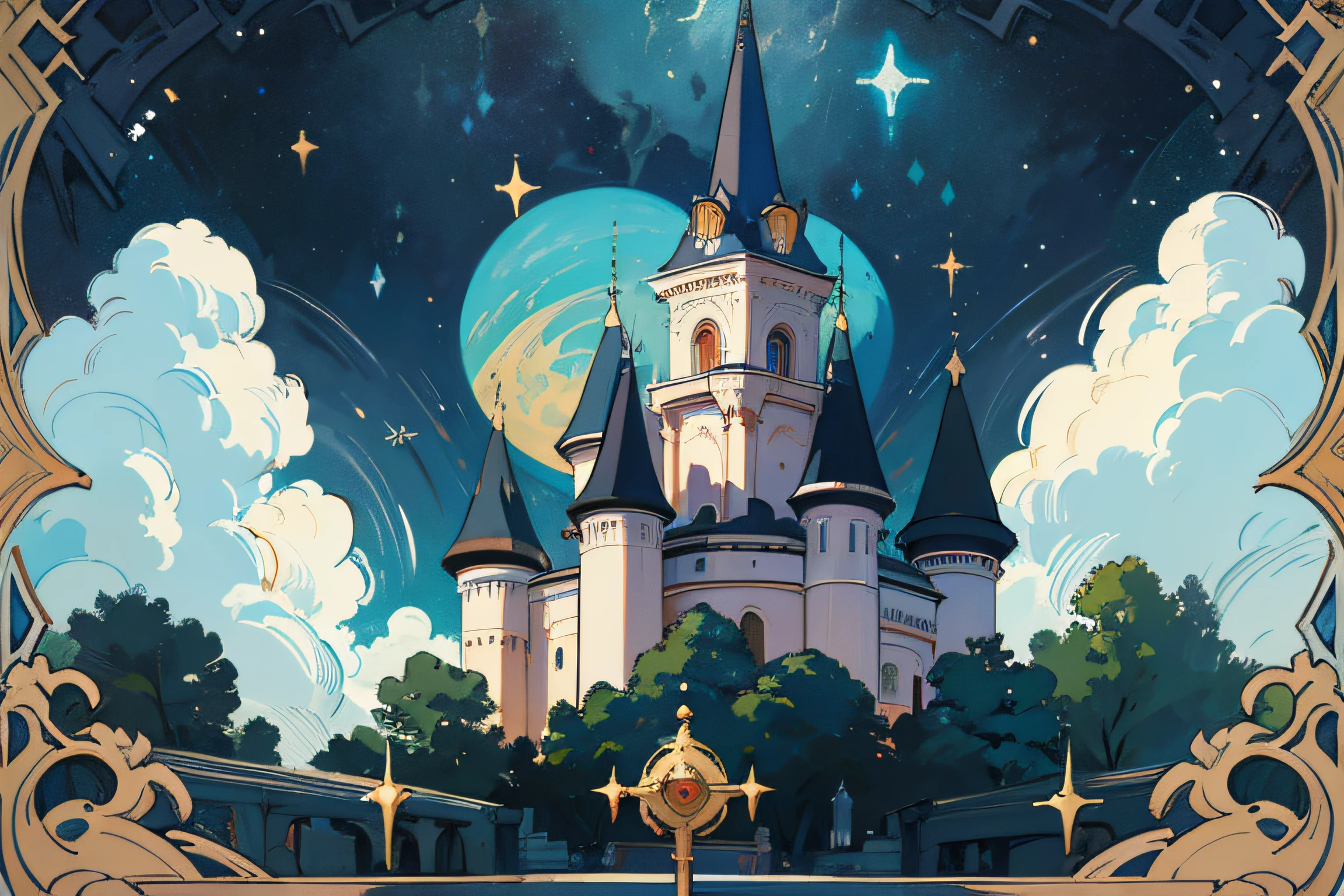 Castle, detailed book illustrations, fairy tale paintings, Vladimir Borovykovsky, Maximilian Vanka, Igor Grabar, Mikhail Lebedev, Nikita Viprikov, Nadya Rusheva, Baroque paintings. Starry Sky by Nina Petrovna Valetova, by Alexander Kucharsky, detail, 8k, master work, super quality, blue