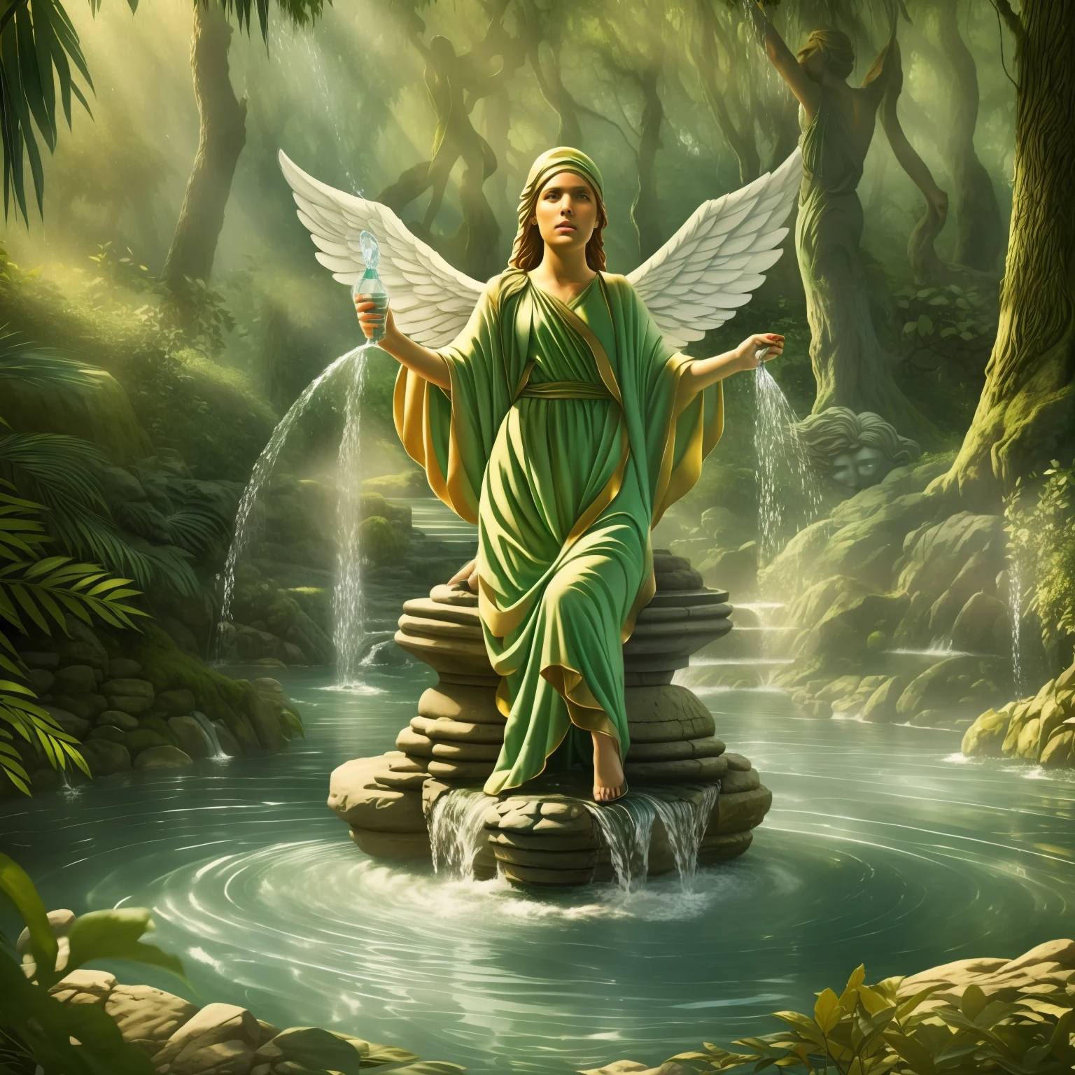 Let's create a fountain with water crisliata she has an angel in the middle in the shape of a statue the water is very beautiful the fountain is realistic a work of art, beautiful, is in the middle of a very green forest, well illuminates 8k, cinema.