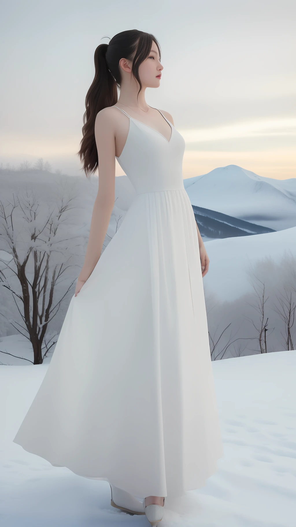 High quality, masterpiece, 8k, (1 girl, two ponytails), in the scenery of the Ice Age, a beautiful maiden comes into the picture. She wore a gorgeous long dress, the hem of the skirt was painted with gorgeous patterns, and the color of the dress showed a mixture of ice blue and pure white, which highlighted her delicate and noble. She wears a white crown, her hair draped over her shoulders, silky and fluttering in the wind. Her eyes were bright and shining, and her eyes revealed a hint of softness and clarity, as if they were a clear spring. The girl stood gracefully on a snow-white ice and snow, her posture tall and elegant. Her hands gently grasped the hem of her skirt, and her delicate little feet gently stepped on the ice and snow, as if her steps would not only not destroy this pure land, but also make it more beautiful. The whole picture highlights the delicate and noble girl who stands on ice and snow, but gives people a feeling of warmth and peace. The surrounding environment is a pure and cold snowscape, and in the distance is a towering and majestic snow-capped mountain, the peaks of which are covered with year-round ice and snow, creating a mysterious and enchanting atmosphere. This beautiful girl stands on the snowy mountain, as if she is the embodiment of the ice queen, showing people her beauty and power.