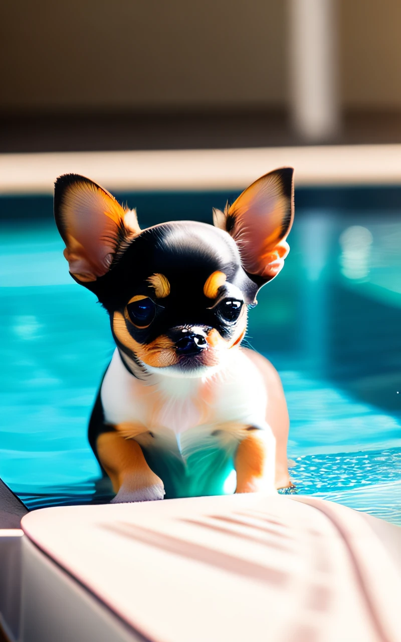 hyper Quality,Cute two Chihuahua puppies,different body colors,swimming in the pool,barking,narrow eyes,smile,eos r3 28mm