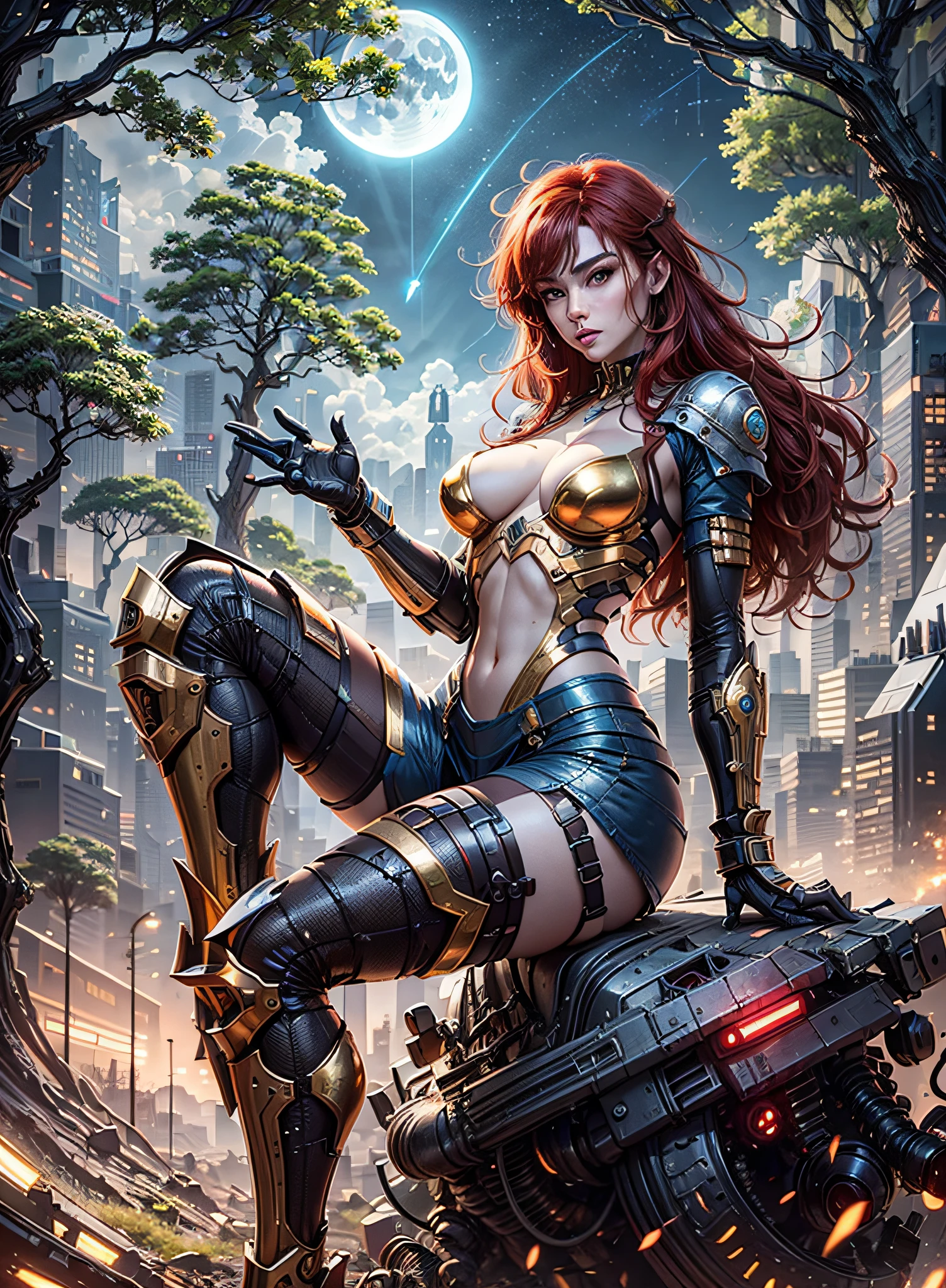 High definition (8k), Beautiful woman detailed defined body, red hair, full body sexy pose wearing cosplay conan the barbarian, medium breasts, blue uniform, metallic red, white, golden yellow high-tech, cyberpunk, futuristic, scenery with night sky with clouds, moon, giant trees,