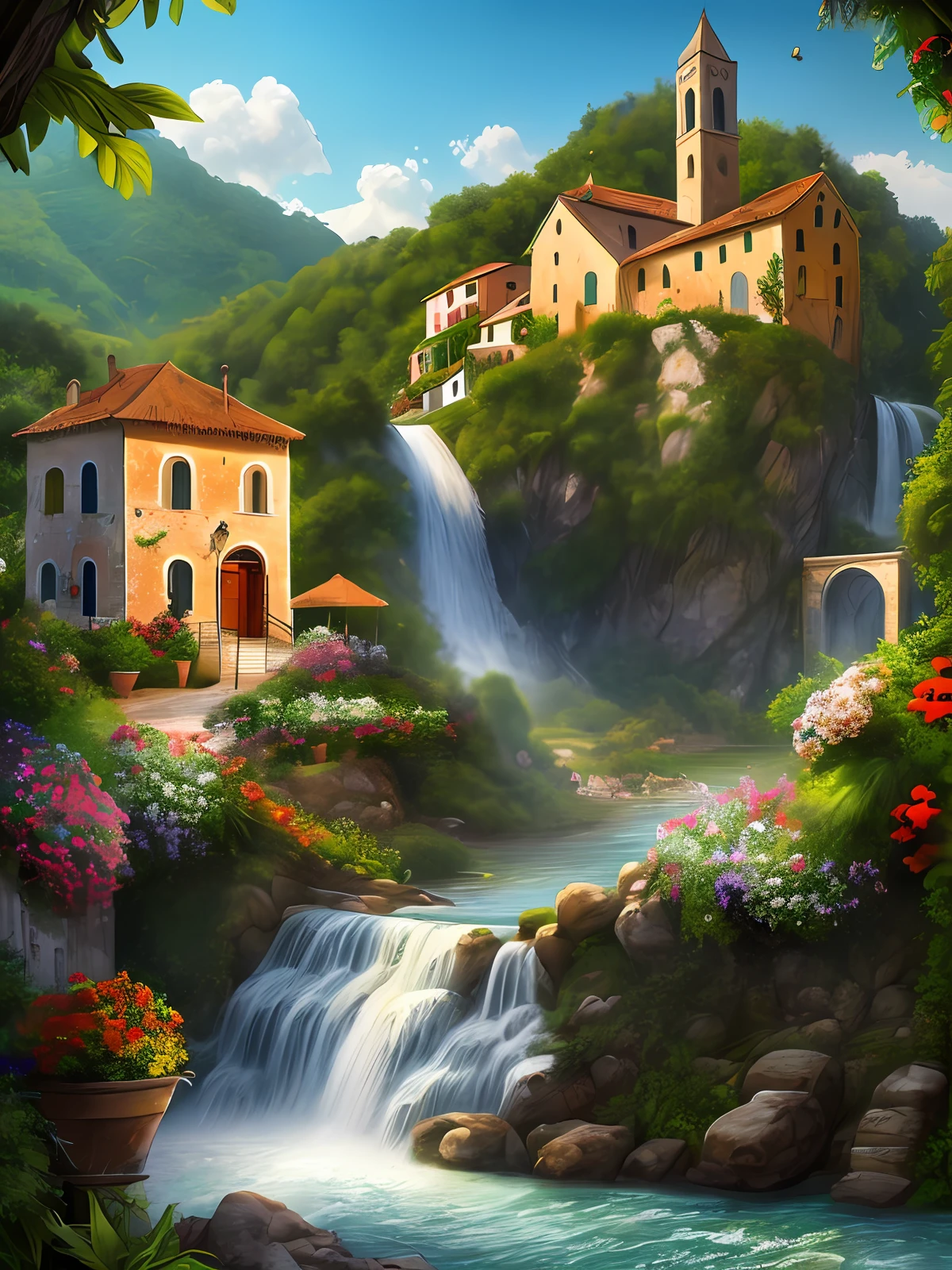 Portrait of a Italian village in a tropical forest, water fall, realistic houses, Italian shops, Italian restaurants, church, village center, pretty house, flowers, distortion, grain, dust particles, zoomed, dark themed