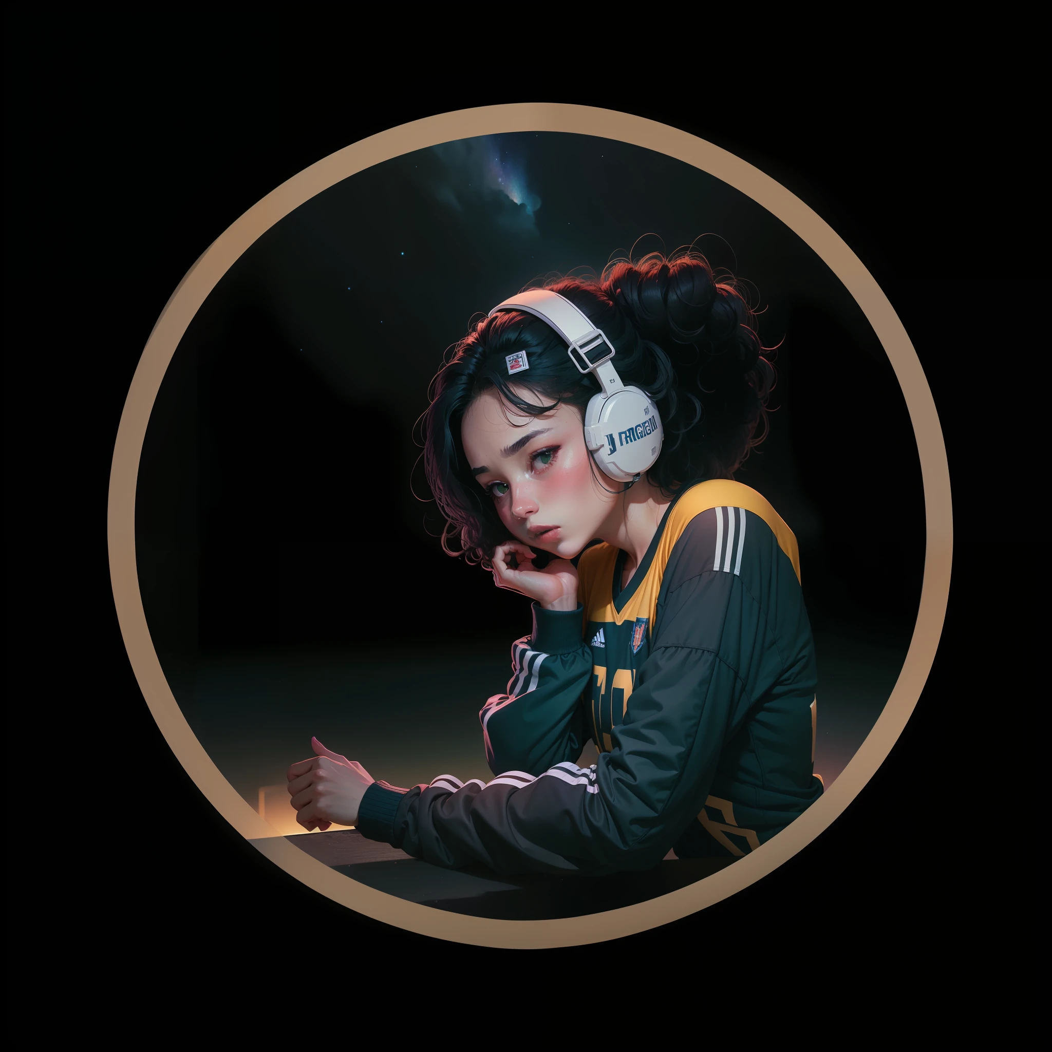 Lofi gerl Morena or black with curly hair with two arms and two hands the shirt of the football team of the Brazilian national team yellow green blue and white in variations of body poses,with the sky behind the starry night of vangoge,kanon 8k