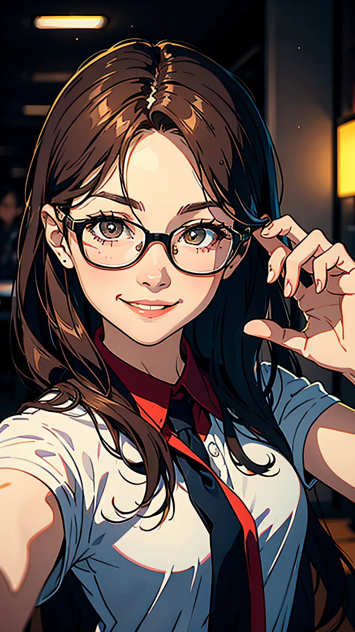 Smiling woman with glasses, light nerd smile, slightly cute nerd smile, high quality portrait, she expressing joy, there is a woman with long hair, 18 years old, 8k selfie photography, long hair, front photo, light brown eyes, eyeglasses, detailed