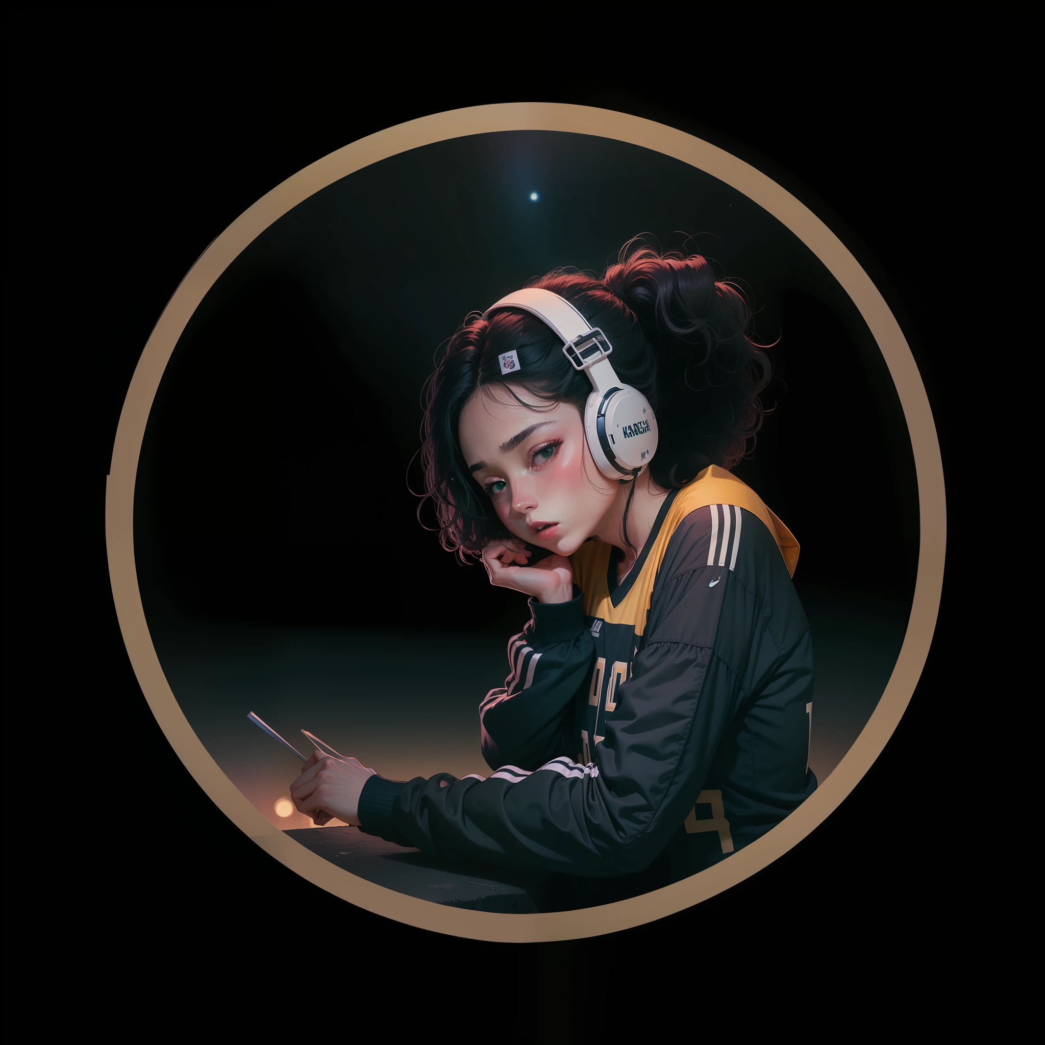 Lofi gerl Morena or black with curly hair with two arms and two hands the shirt of the football team of the Brazilian national team yellow green blue and white in variations of body poses,with the sky behind the starry night of vangoge,kanon 8k