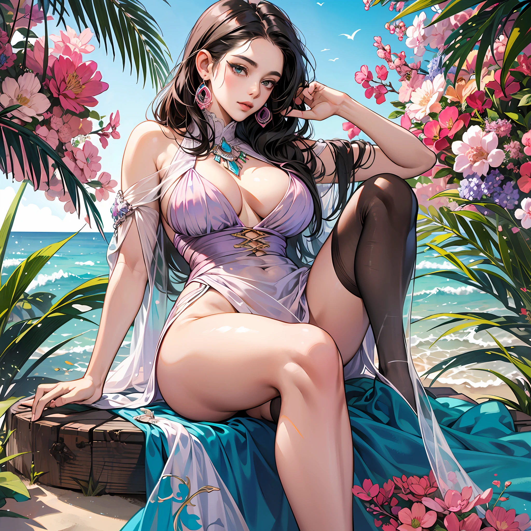 22-year-old Egyptian model, fair-skinned, wearing a transparent {white|pink|light purple|navy blue|red|vibrant colors|pink,turquoise|coral} beach dress , {bold | Kamasutra} pose, legs apart, prominent pubis, thick pubic hair, realistic, beautiful face, large breasts - hard prominence of the breasts - high - --auto --s2