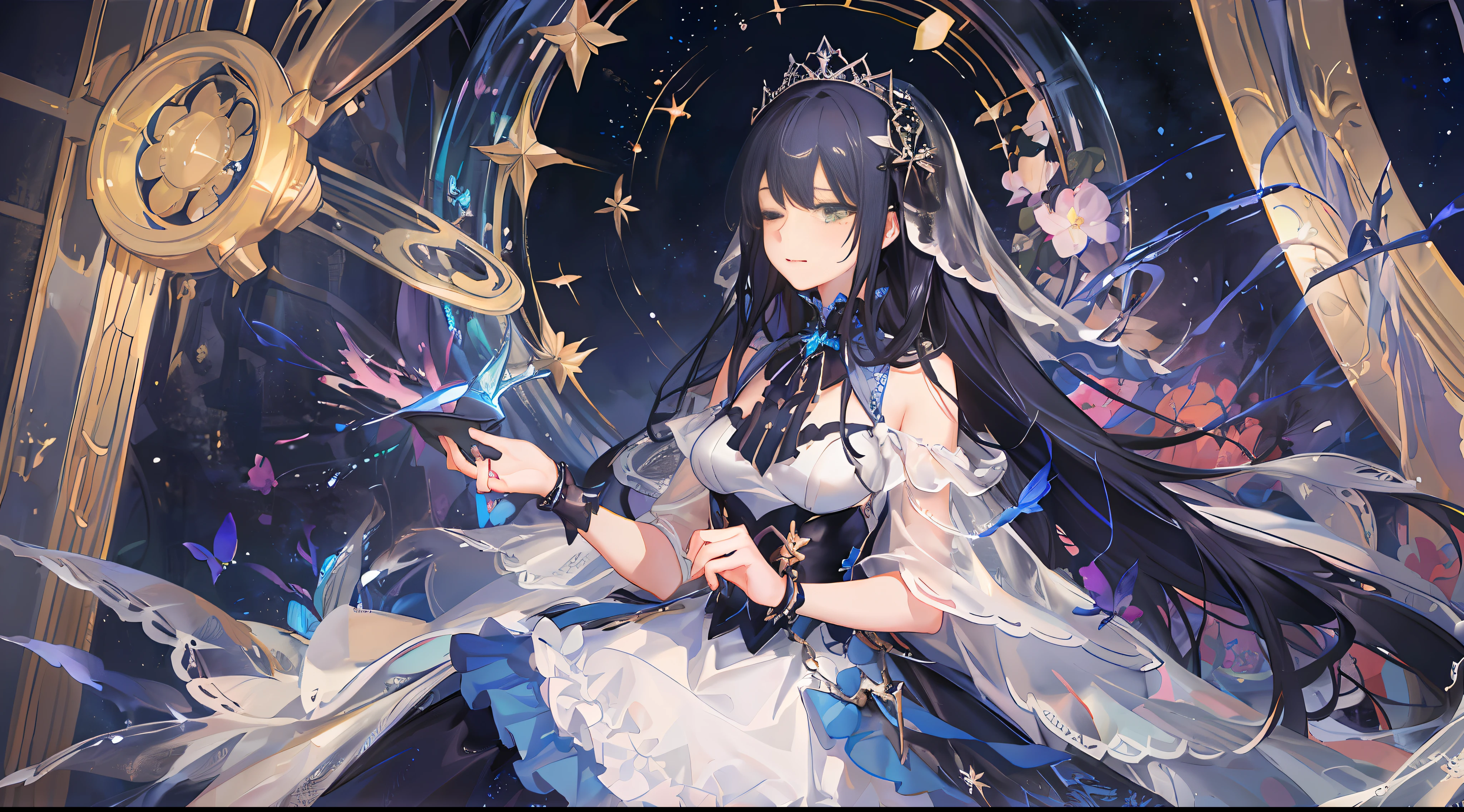 (extremely detailed CG Unity 8k wallpaper, best quality, masterpiece), ((4k, masterpiece, best quality)), a woman with a sisterly feel but a little mature, long navy blue hair, long hair and waist, loose hair, shawl, emerald green eyes, (single), sitting on a star, full of stars, left hand slightly raised, ring on the ring finger of the left hand, dark blue oversized swing princess dress, wearing a white researcher-style coat, hidden stars under the skirt, dark blue butterflies flying around, theater background, Star curtain, dark blue veil with stars, suspenders, closed eyes and peaceful sleep, (full picture)
