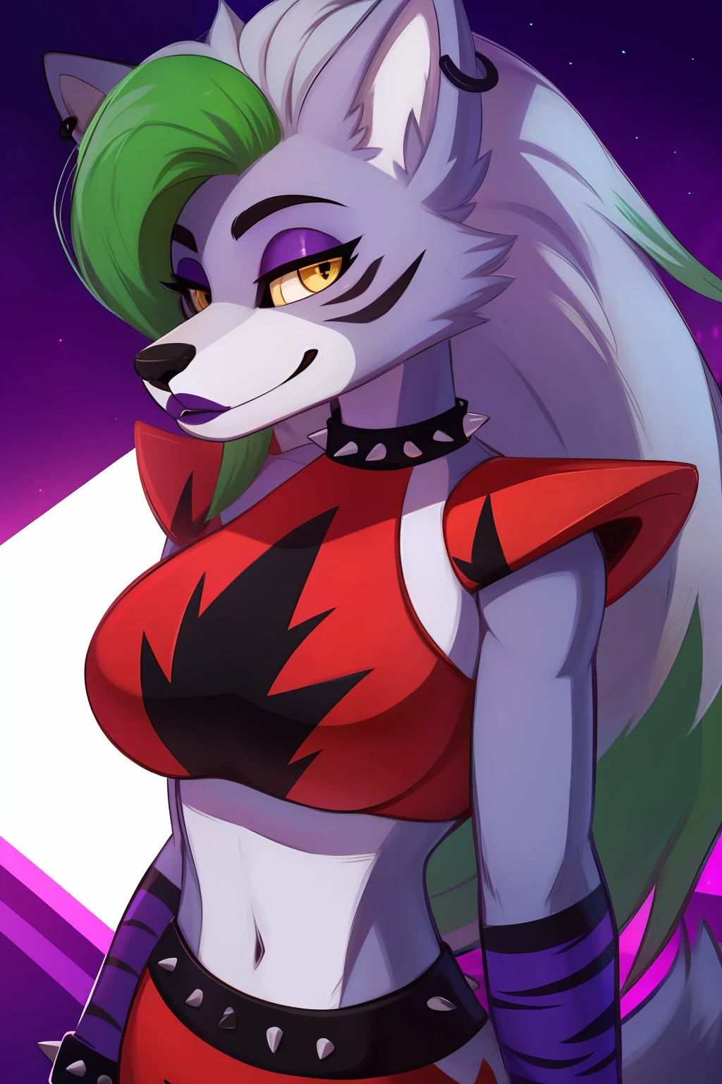 best quality,   fnafroxanne, furry female, body fur, makeup, wolf ears, wolf tail, crop top, big breasts, purple lipstick, collar, spikes, jewelry, ear piercing, bracelet, yellow eyes, detailed eyes,  3DMM, gray hair, green hair,