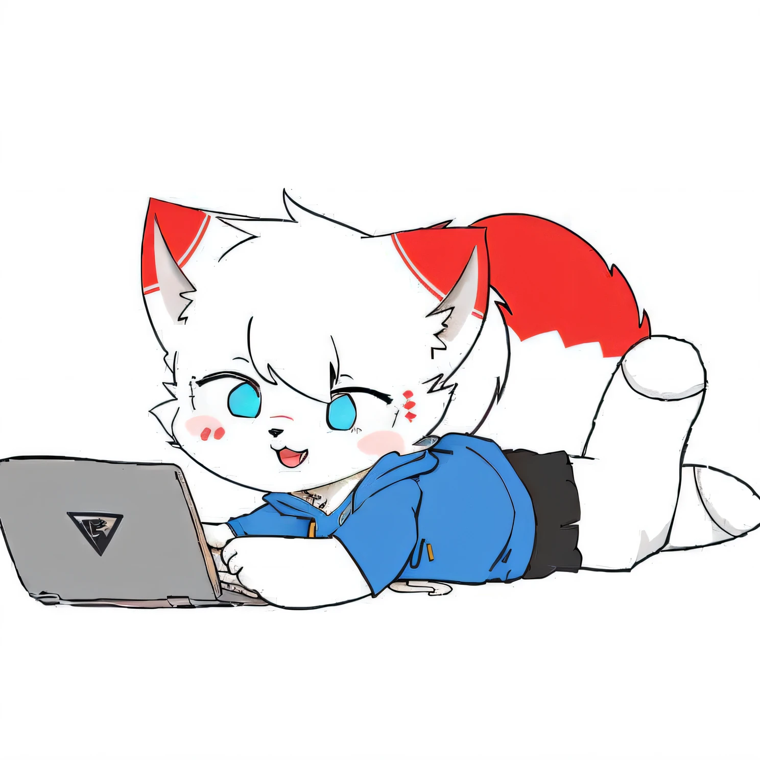 Cartoon white fox lying on the floor, with laptop, professional furry drawing, furry furry !! ，！！！ , furry furry