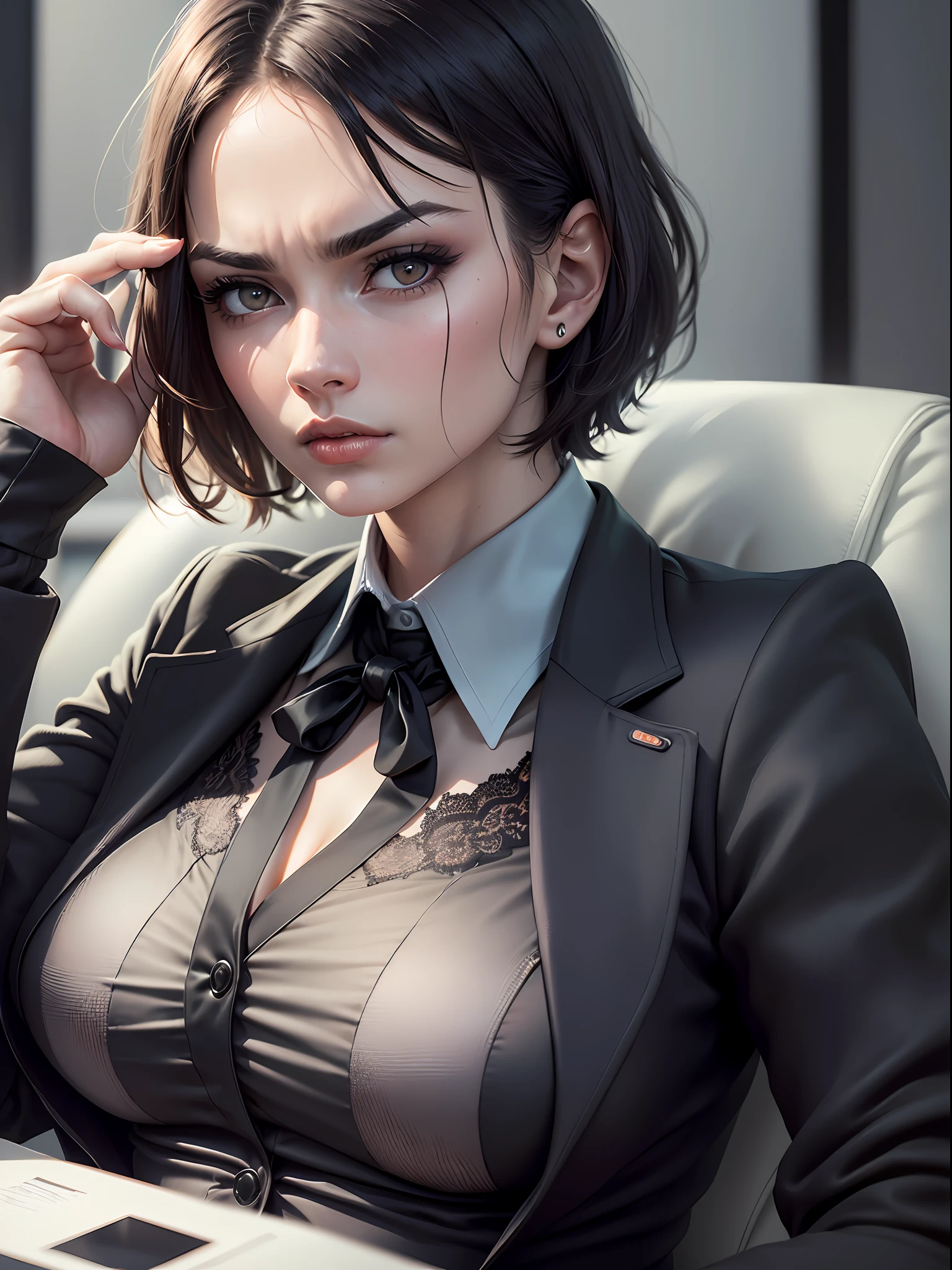 ((half)RAW Photo CEO woman sitting in office chair, wearing black suit, (using dark attractive eyes) movie scene, (impeccable) ,serious and elegant woman with thick female eyebrows, Agent 007 girl style, (mysterious serious face,) dark short hair, dark black background image, elegant and elegant, (high quality and realistic image), (best quality, 8k, masterpiece).