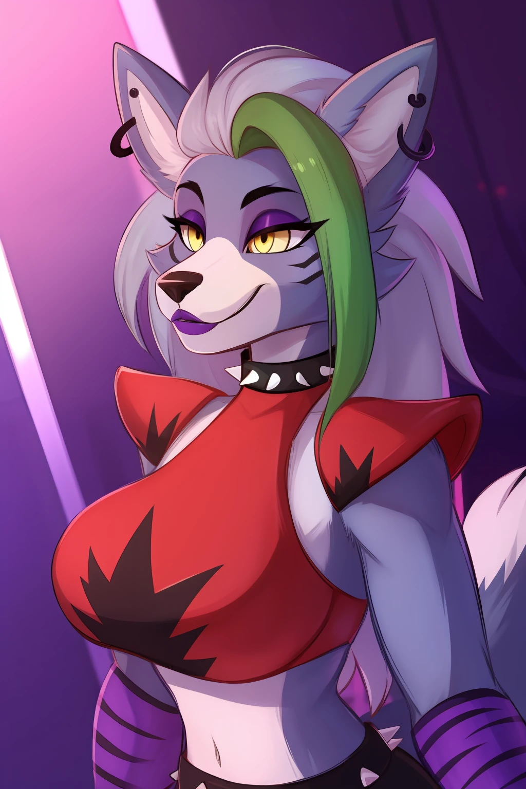 best quality,   fnafroxanne, furry female, body fur, makeup, wolf ears, wolf tail, crop top, big breasts, purple lipstick, collar, spikes, jewelry, ear piercing, bracelet, yellow eyes, detailed eyes,  3DMM, gray hair, green hair,