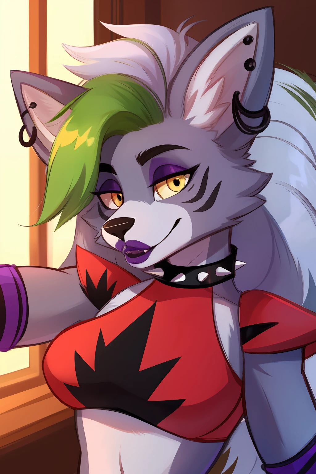 best quality,   fnafroxanne, furry female, body fur, makeup, wolf ears, wolf tail, crop top, big breasts, purple lipstick, collar, spikes, jewelry, ear piercing, bracelet, yellow eyes, detailed eyes,  3DMM, gray hair, green hair,