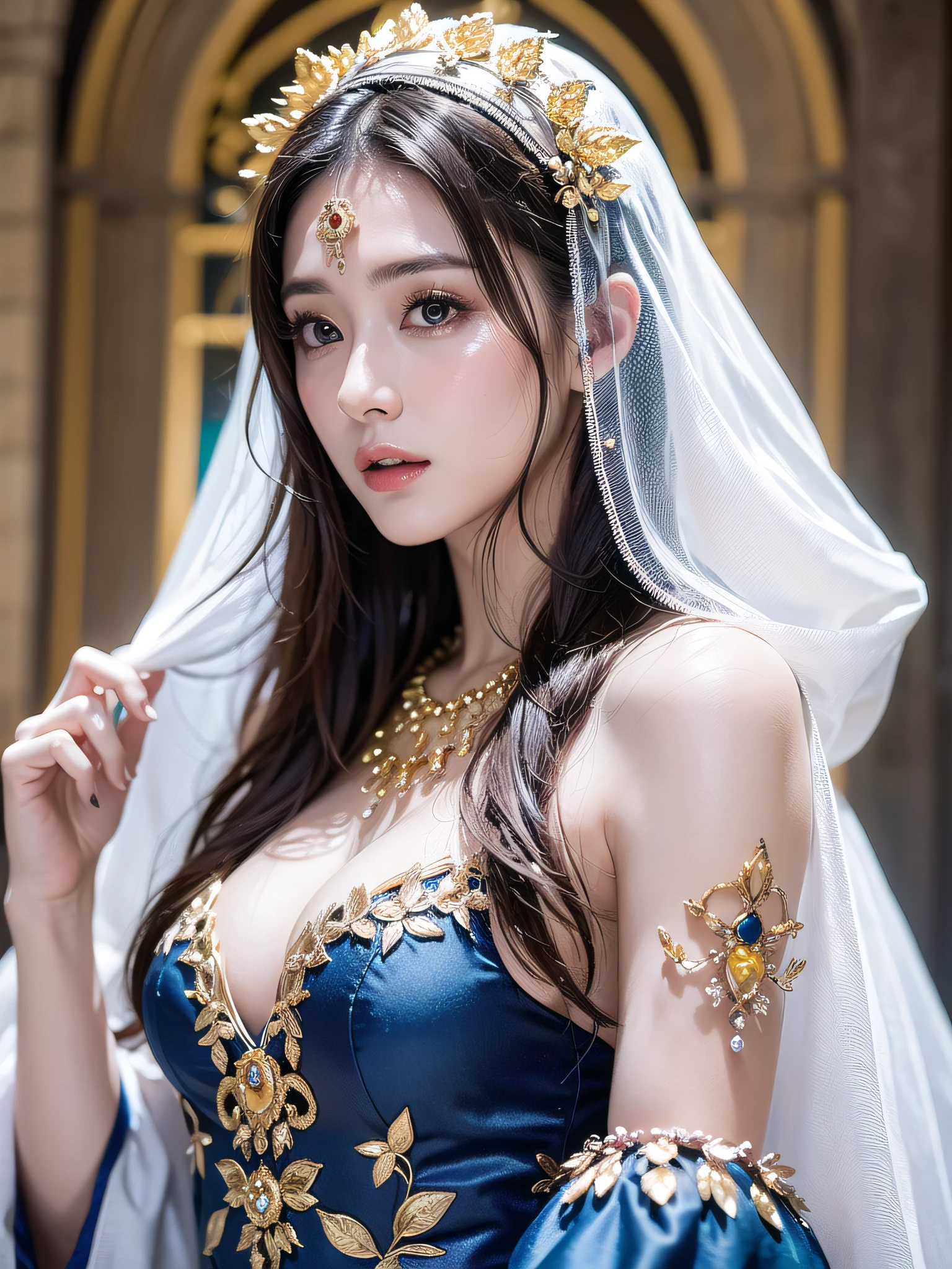 Top Quality, Ultra High Resolution, (Photorealistic: 1.4), Cinema Light, Depth of Field, Beautiful Face, (PureErosFace_V1:0.8), |1 Girl, Fan Bing, Woman in Blue Dress and Gold Jewelry, Fan Bing Fashion, Colossal, White Cloak, Intricate Design, Cathedral Background, Extra Long Wavy Brown Hair, RAW, Beautiful Women, (detailed face), (detailed facial features), (fine detailed skin), pale skin, (masterpiece), perfect proportions, realistic photo, full shot, (body portrait),