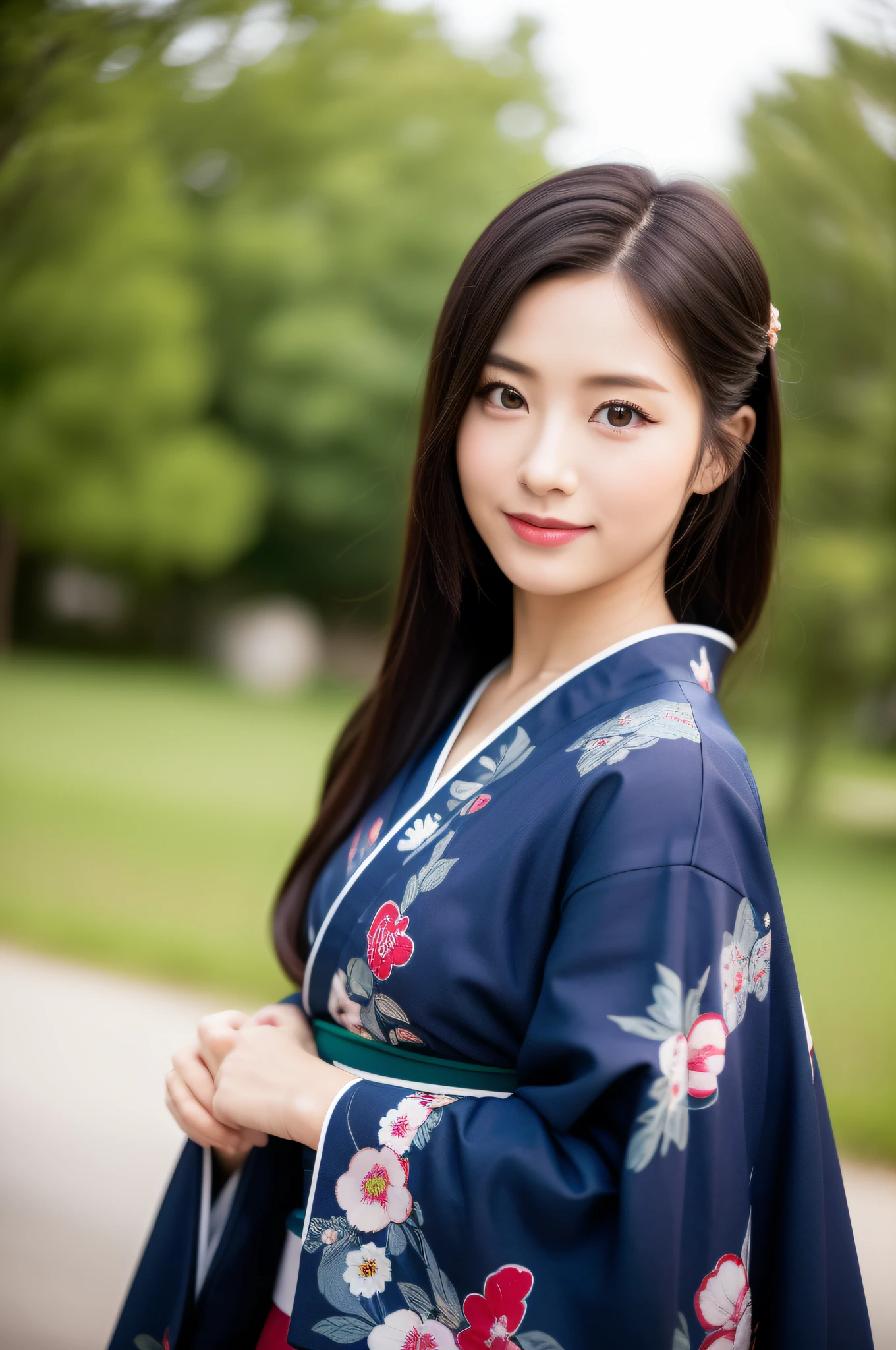 ((Best Quality, 8K, Masterpiece: 1.3)), Sharp Focus: 1.2, (Super Beautiful Face: 1.0), (Slender Abs Beauty: 1.0), (Shiny Skin: 1.0), Realistic Photography, Black Hair, Realistic Pupils, Video Lighting, High Resolution Eyes and Face, Video Lighting, (Cowboy Shot: 1.3), (Kimono, Hakama, Obi: 1.4), (Korean Cute Actress), Traditional Kimono, Audience Watch, From the front, big
