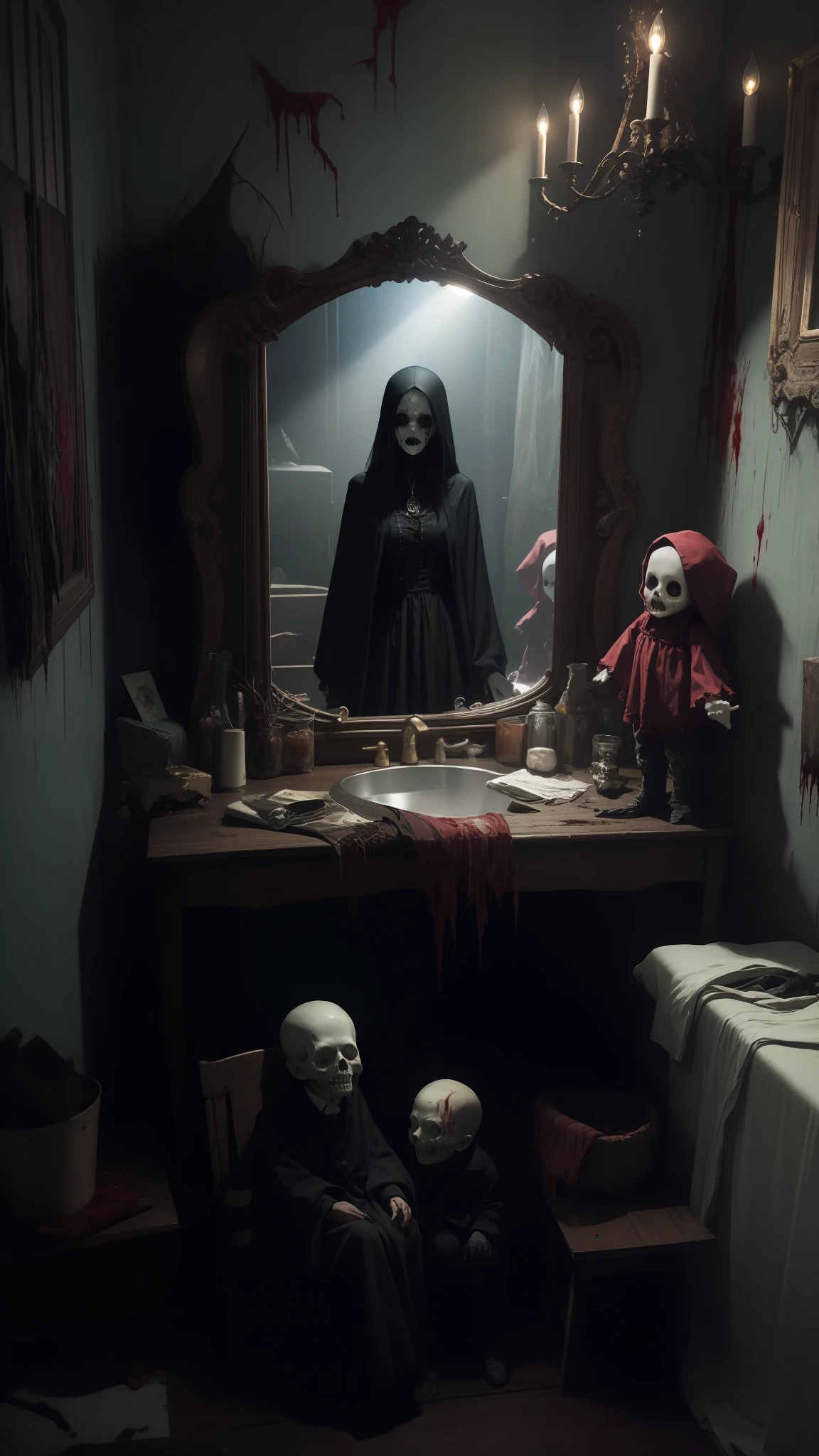 Horror Art, Fear, Best Quality, Masterpiece, Ultra High Resolution, (Realism: 1.4), Haunted House, Eerie Forest, Ghostly Encounter, Abandoned Asylum, Creepy Doll, Sinister Shadows, Demonic Possession, Haunted Dollhouse, Cursed Mirror, Grim Reaper, Poltergeist Activity, Zombie Apocalypse, Ghastly Graveyard, Malevolent Spirits, Blood Moon, White Dress, Disturbing, Disturbing, Scary, 80mm, Scary Lights, Dynamic Action