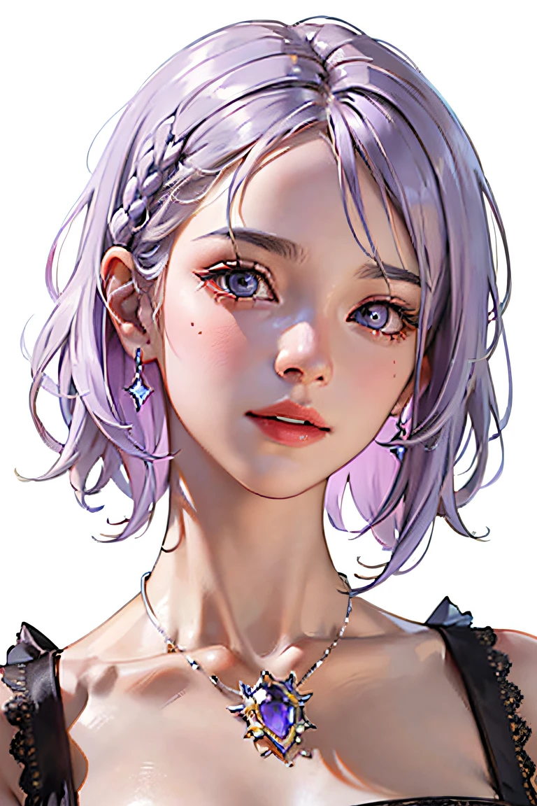 (masterpiece:1.2, best quality), (very detailed face, real pictures, realistic skin, realistic body, intricate details), solo, 1milf, (masterpiece:1.2, best quality), (very detailed face, real pictures, realistic skin, realistic body, complex details), solo, 1milf, solo, upper body realism, official art, unified 8k , Ultra Detailed, Beautiful and Aesthetic, Beautiful, Masterpiece, Best Quality, Calm Color Palette, Tranquil Mood, Soft, Glamour Spell, Best Quality, Highly Detailed, Masterpiece, Ultra Detailed, (Realisticity: 1.2), 1 Girl, (White Background), Simple Background, Delicate Eyes, Silver Hair, Purple Eyes, hair_ornament, Pointed Ears, Braids, Smile, Mouth Apart, Purple Straight Hair, Realism, (Increase Resolution), (8K), (Extremely Detailed), ( Beautiful and delicate eyes), (best quality), (super detailed), (masterpiece), ( wallpaper), (detailed face), solo, 1 girl, looking at the audience, exquisite details, detailed face, white background, white suspenders on upper body, purple crystal necklace, white face, round face, juvenile face, low-key, pureerosfaceace_v1, smile, short hair, purple hair, 46-minute oblique bangs, purple atmosphere, frontal light on the face, put clothes on, do not leak chest, Authentic photo texture
