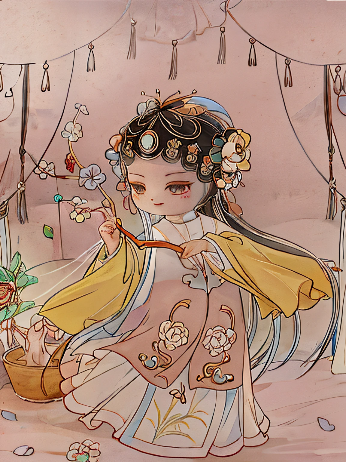 A girl in Hanfu, flowers blooming, two-dimensional cute, Chinese princess, rich in color.