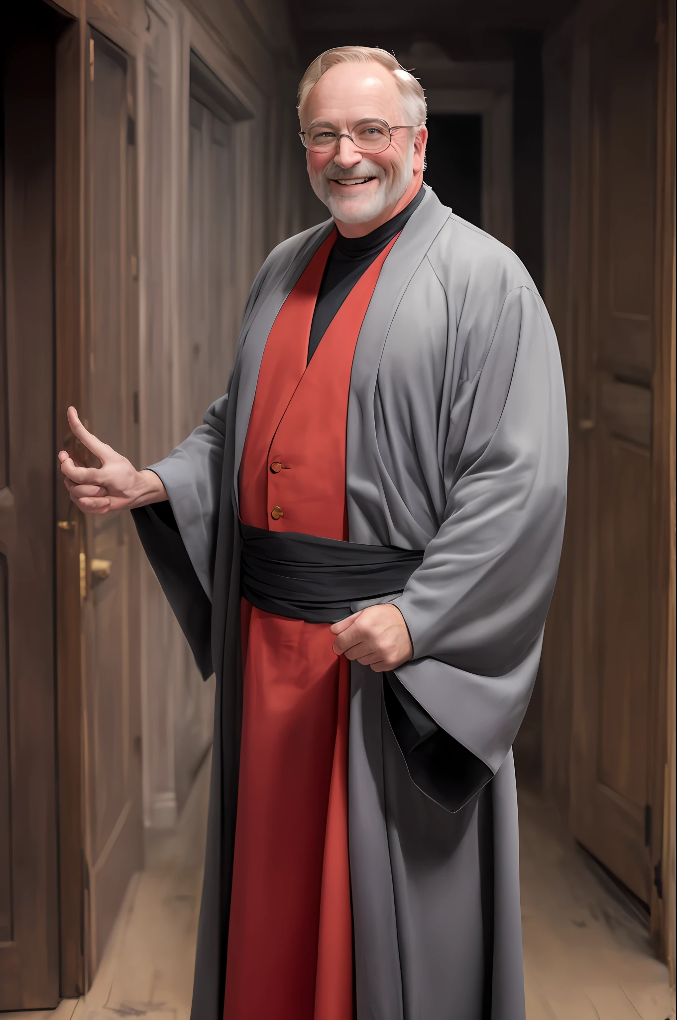 ((masterpiece)) ((high quality)) ((professional)) (Portrait) of (BjornSoder) wearing an old broken grey robe stained with a smile on his face looking at the viewer, near a deserted haunted house (half-body composition:1.3), dark theme of surprise reaction, two-tone lighting