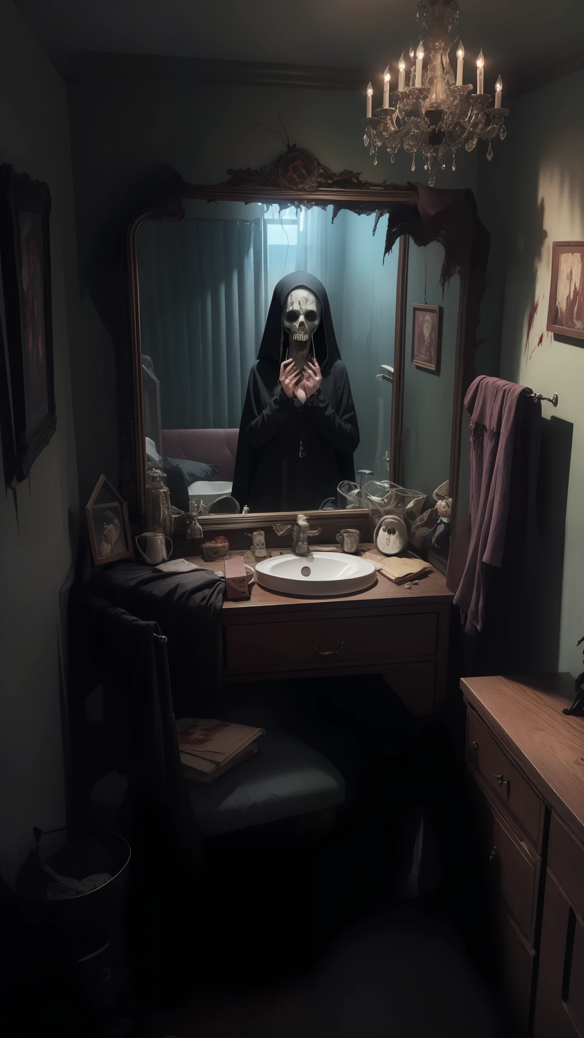 Horror Art, Fear, Best Quality, Masterpiece, Ultra High Resolution, (Realism: 1.4), Haunted House, Eerie Forest, Ghostly Encounter, Abandoned Asylum, Creepy Doll, Sinister Shadows, Demonic Possession, Haunted Dollhouse, Cursed Mirror, Grim Reaper, Poltergeist Activity, Zombie Apocalypse, Ghastly Graveyard, Malevolent Spirits, Blood Moon, White Dress, Disturbing, Disturbing, Scary, 80mm, Scary Lights, Dynamic Action