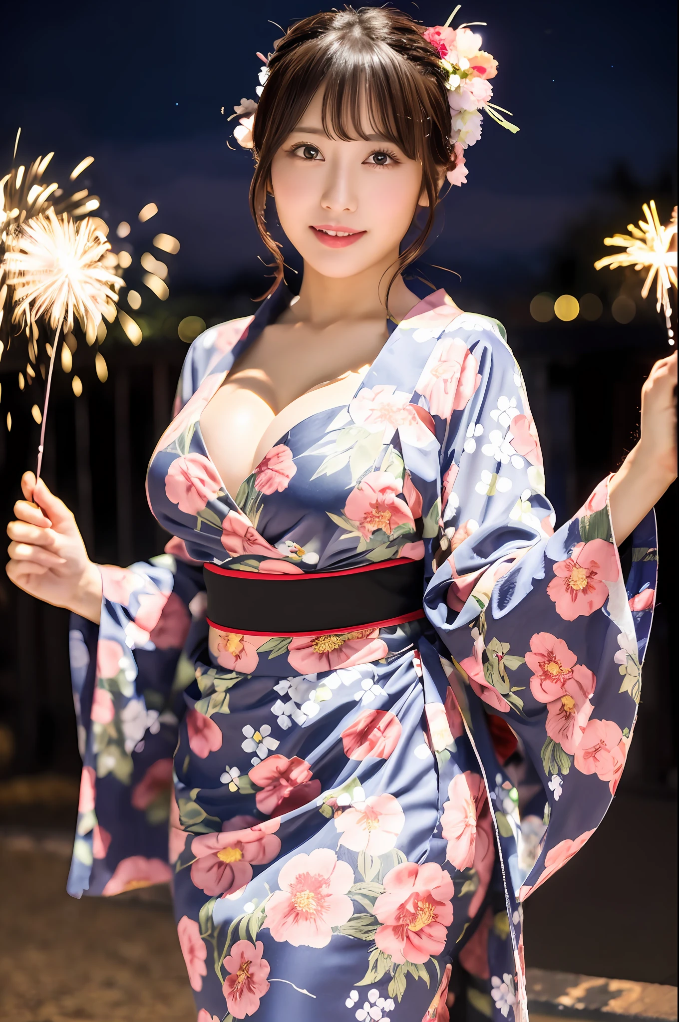 ((masterpiece, top quality, super definition, high definition)), solo, beautiful girl, shining eyes, perfect eyes, fluffy yukata, no bra, cleavage, beautiful sister of Japan, yukata with floral pattern, fireworks at night for background, high quality, 4K, areola slip,