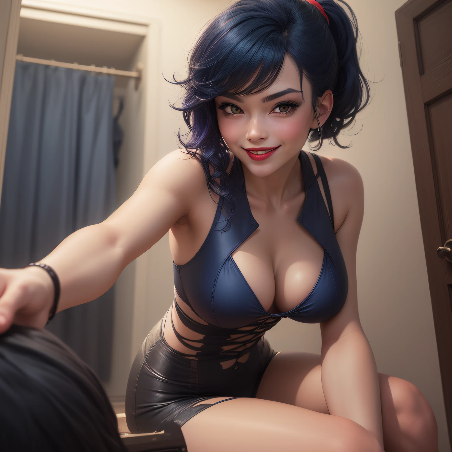 in a changing room, ponytail, evil, seductive smile, smug, red lips, evil smile, dark blue hair