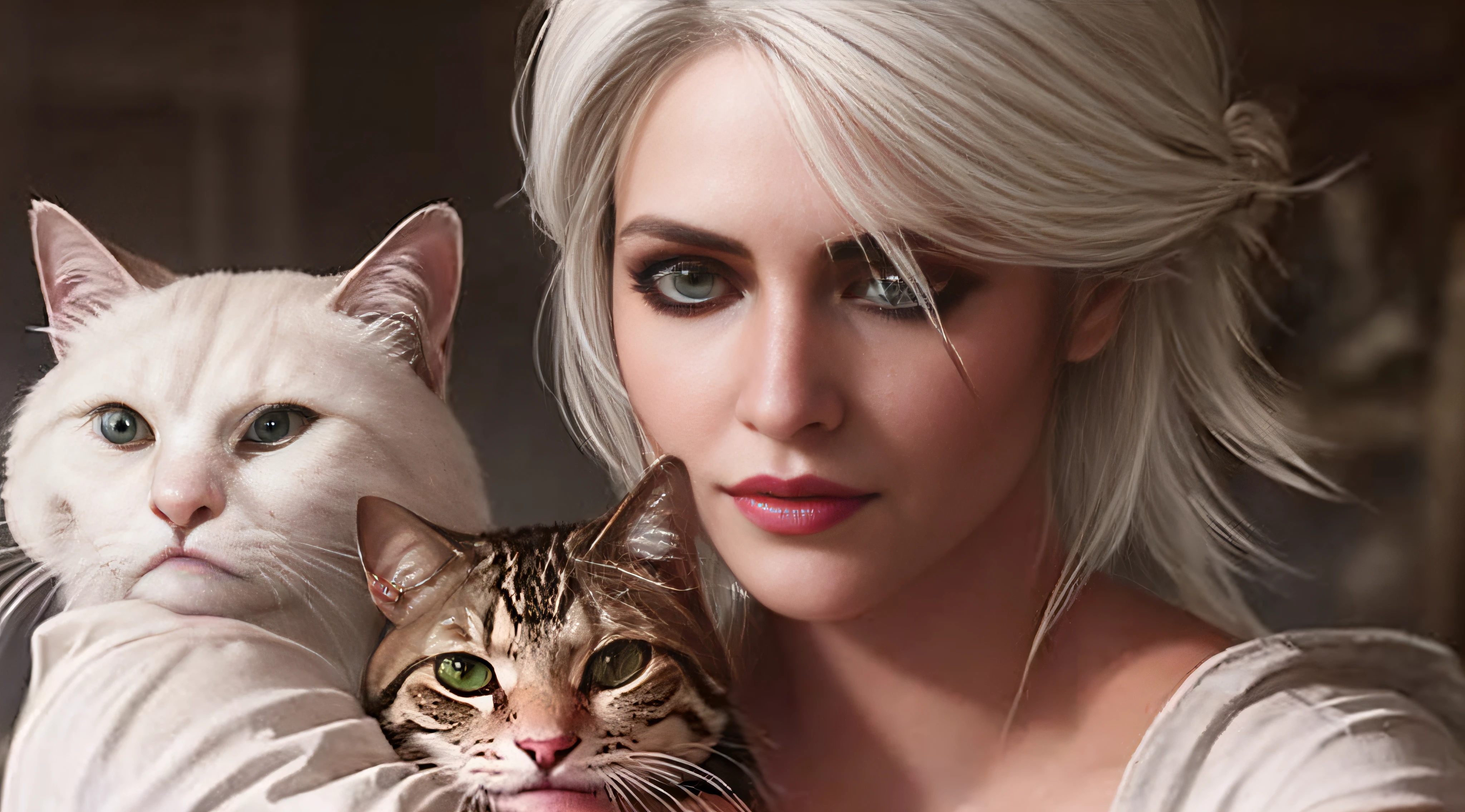 A closeup of a woman with white hair and green eyes, Ciri from The Witcher, Ciri, Witcher)), 4K photorealism, 4K photorealism, 4K hyper realistic, cinematic realistic portrait, Ciri holding a cat, 8k portrait render, ultra realistic graphics, ultra realistic 8k octan photo, Witcher, Closeup character portrait, sexy, sensual, full body, langerie. --auto