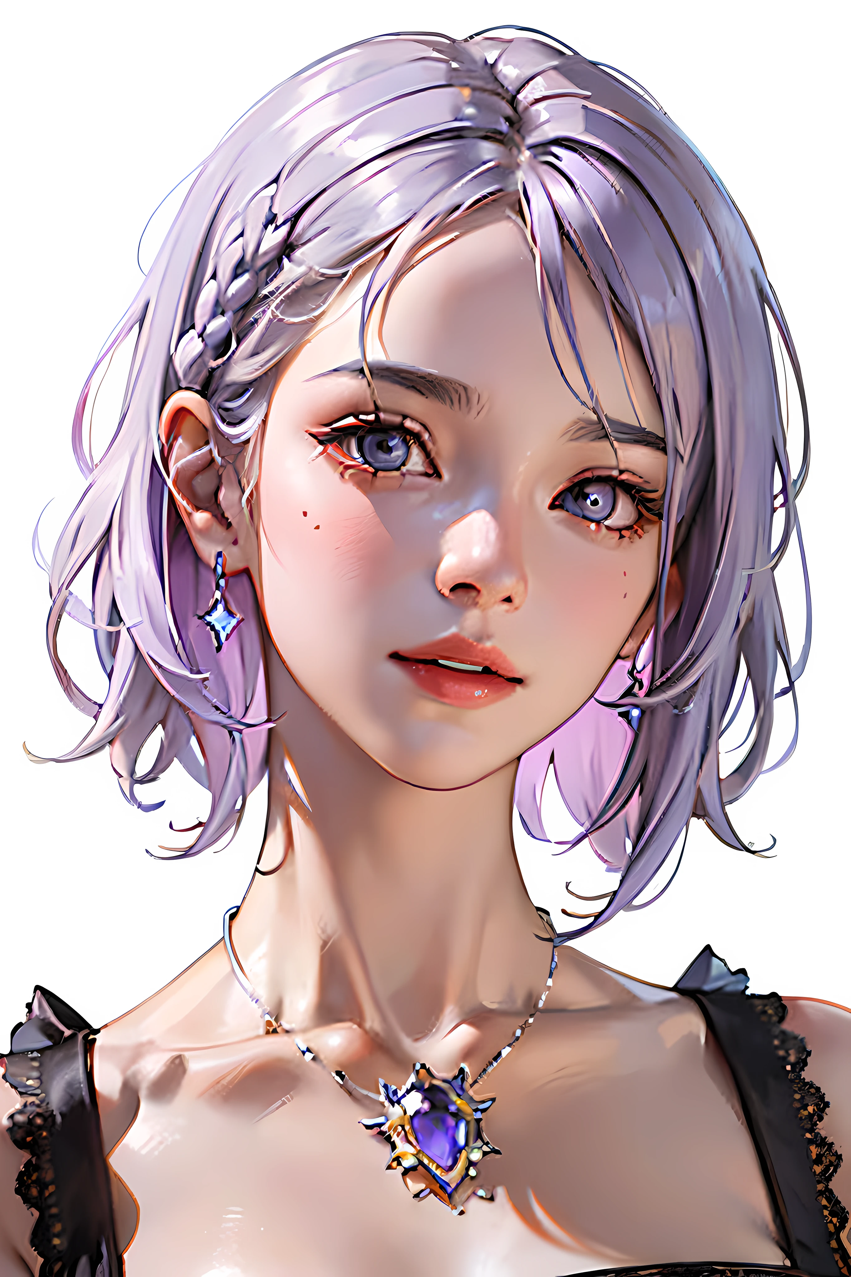 (masterpiece:1.2, best quality), (very detailed face, real pictures, realistic skin, realistic body, intricate details), solo, 1milf, (masterpiece:1.2, best quality), (very detailed face, real pictures, realistic skin, realistic body, complex details), solo, 1milf, solo, upper body realism, official art, unified 8k , Ultra Detailed, Beautiful and Aesthetic, Beautiful, Masterpiece, Best Quality, Calm Color Palette, Tranquil Mood, Soft, Glamour Spell, Best Quality, Highly Detailed, Masterpiece, Ultra Detailed, (Realisticity: 1.2), 1 Girl, (White Background), Simple Background, Delicate Eyes, Silver Hair, Purple Eyes, hair_ornament, Pointed Ears, Braids, Smile, Mouth Apart, Purple Straight Hair, Realism, (Increase Resolution), (8K), (Extremely Detailed), ( Beautiful and delicate eyes), (best quality), (super detailed), (masterpiece), ( wallpaper), (detailed face), solo, 1 girl, looking at the audience, exquisite details, detailed face, white background, white suspenders on upper body, purple crystal necklace, white face, round face, juvenile face, low-key, pureerosfaceace_v1, smile, short hair, purple hair, 46-minute oblique bangs, purple atmosphere, frontal light on the face, put clothes on, do not leak chest, Authentic photo texture