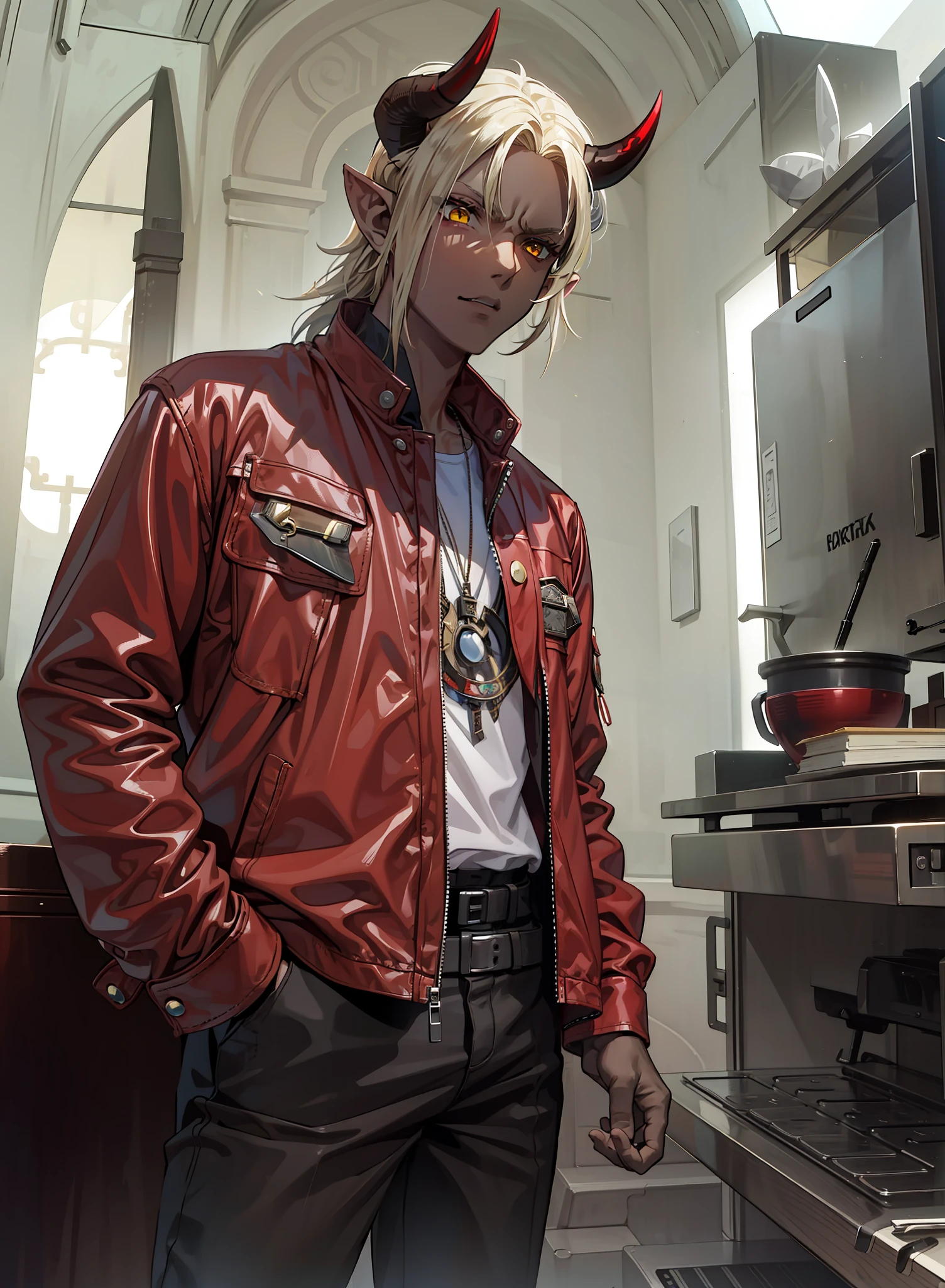 Boy, brown skin, red jacket, pointy ears, horns,4k, yellow eyes, scarf on neck