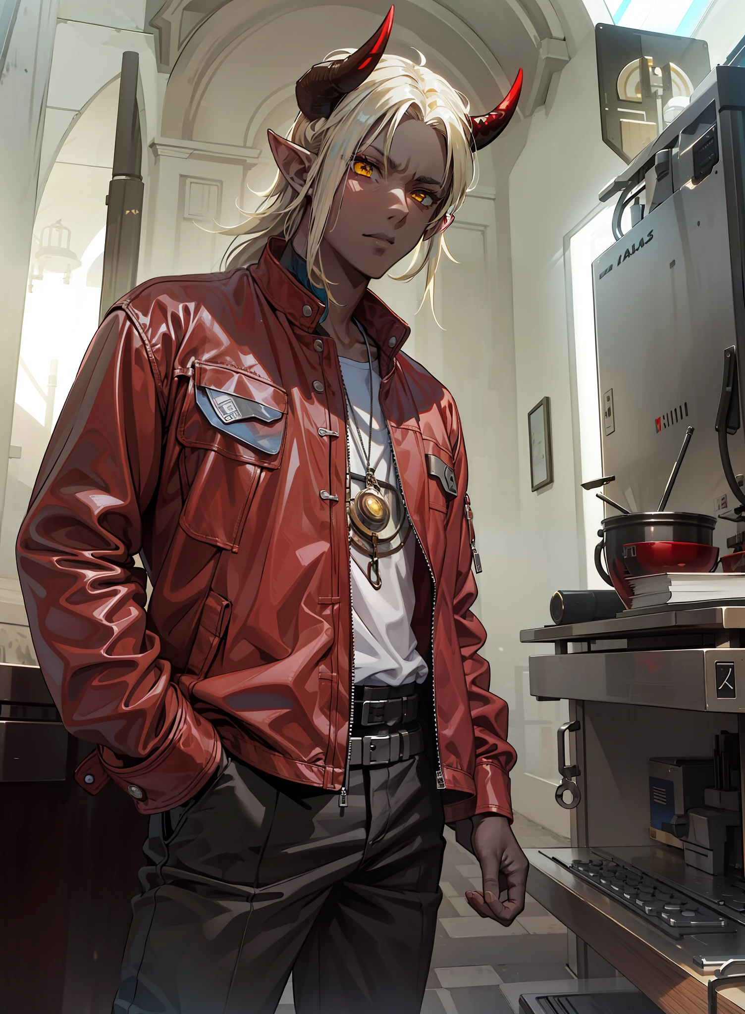 Boy, brown skin, red jacket, pointy ears, horns,4k, yellow eyes, scarf on neck